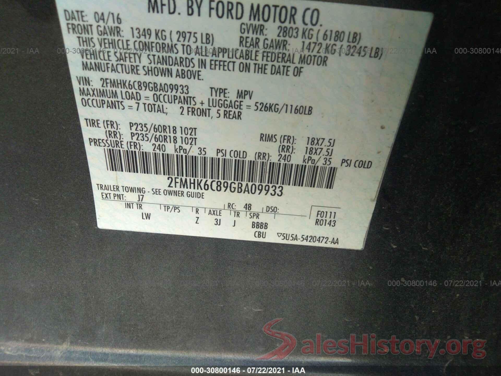 2FMHK6C89GBA09933 2016 FORD FLEX