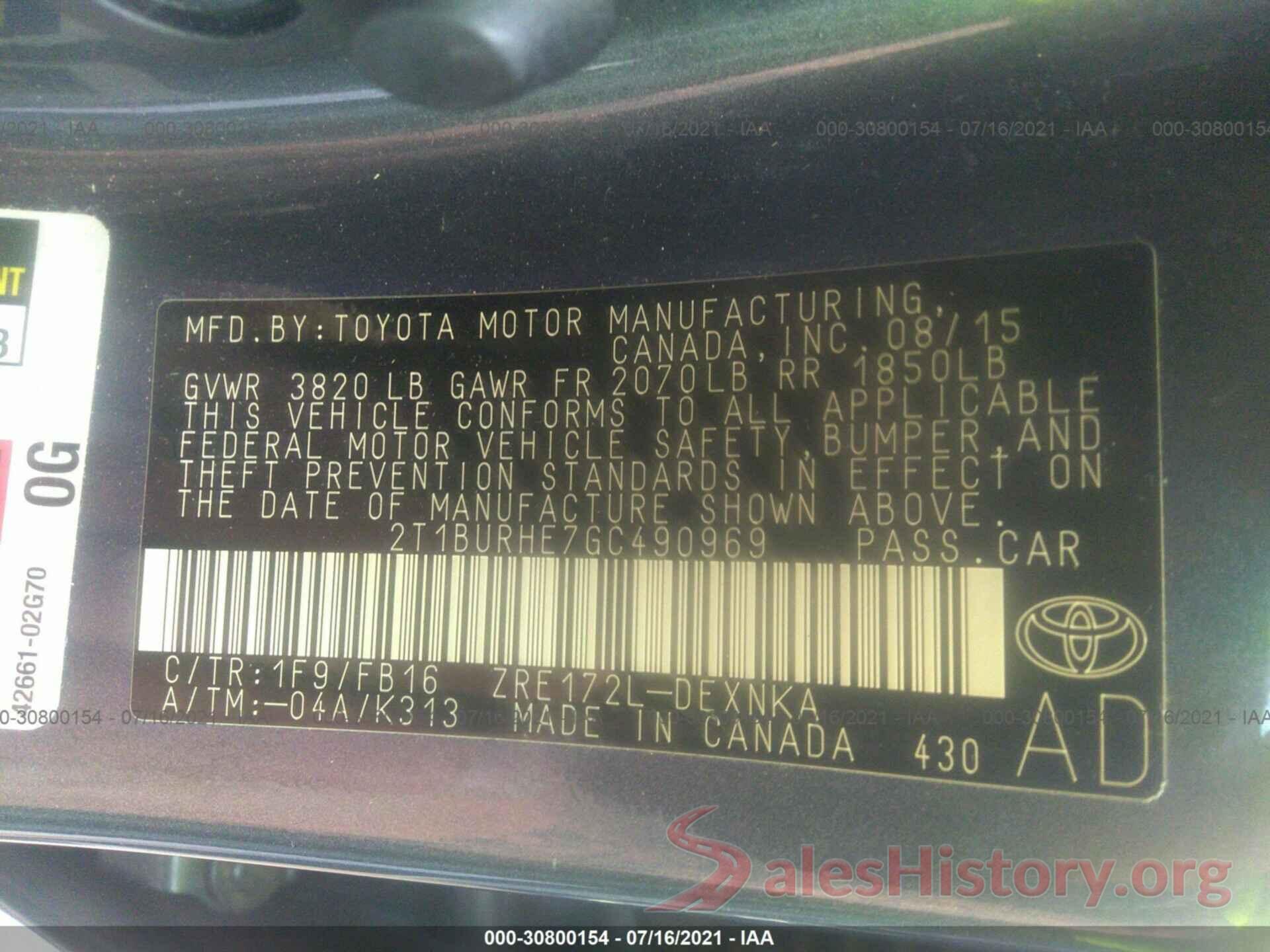 2T1BURHE7GC490969 2016 TOYOTA COROLLA