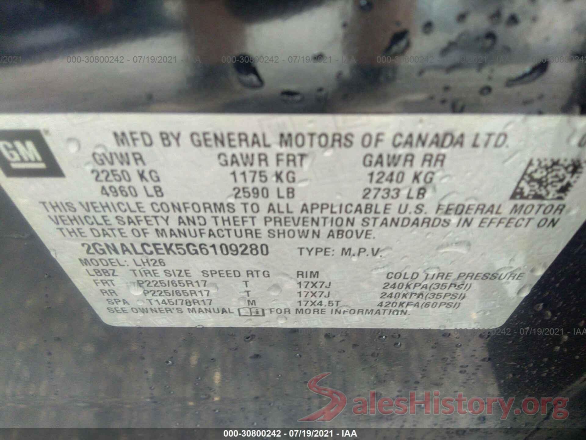 2GNALCEK5G6109280 2016 CHEVROLET EQUINOX