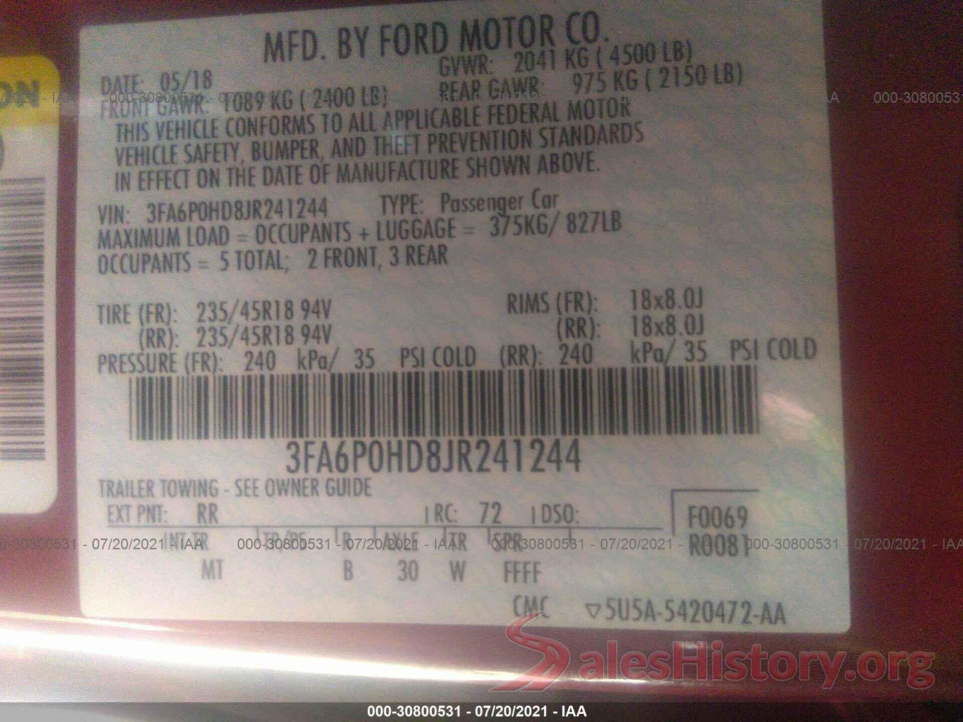 3FA6P0HD8JR241244 2018 FORD FUSION