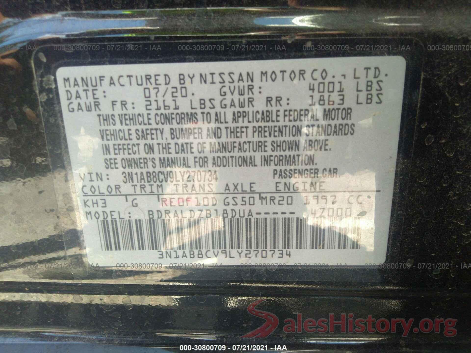 3N1AB8CV9LY270734 2020 NISSAN SENTRA