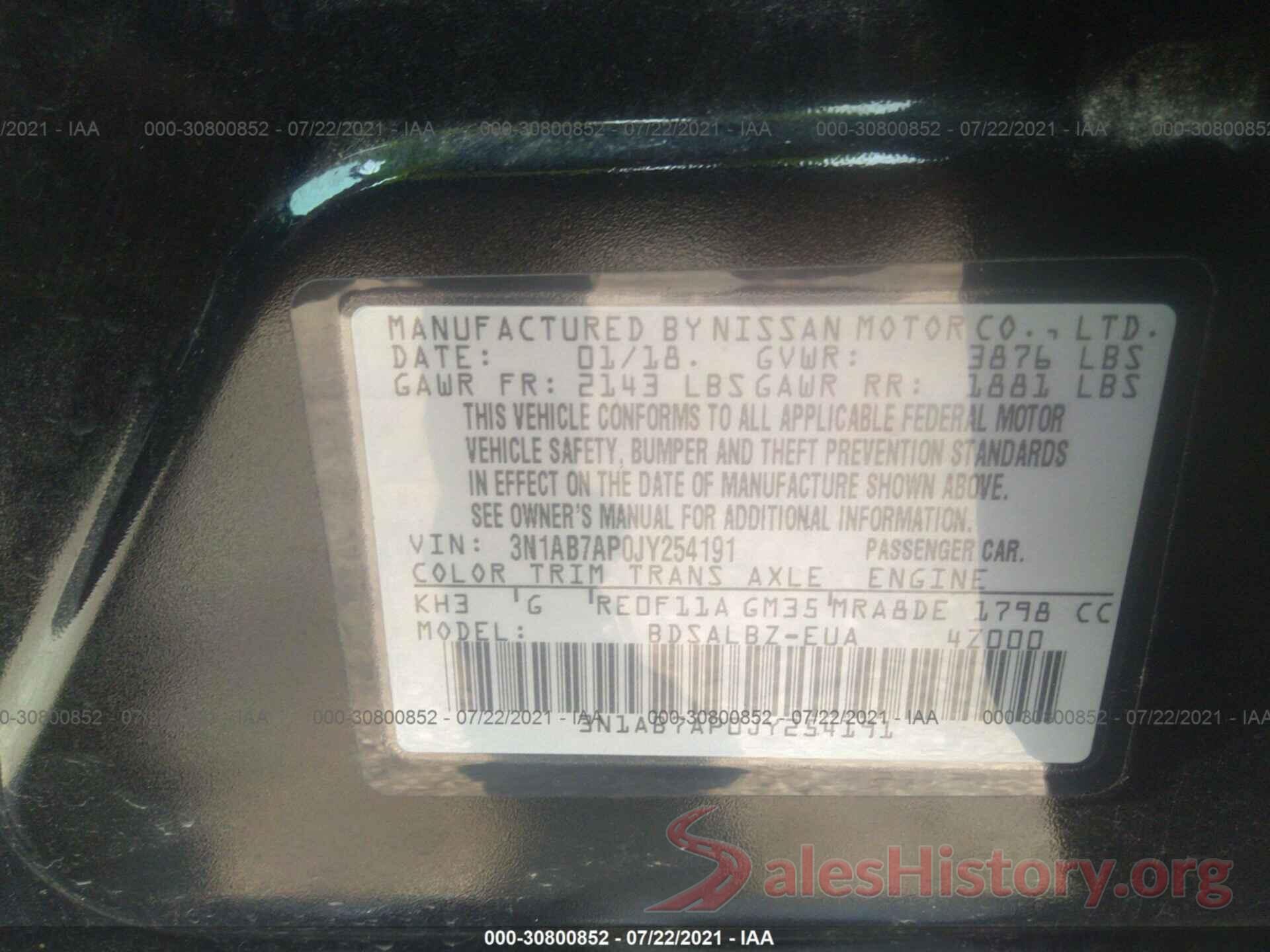 3N1AB7AP0JY254191 2018 NISSAN SENTRA