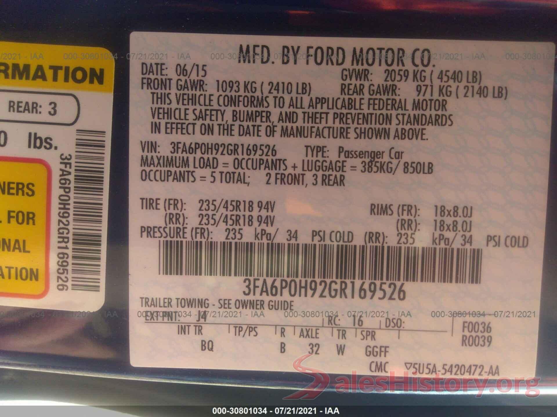 3FA6P0H92GR169526 2016 FORD FUSION