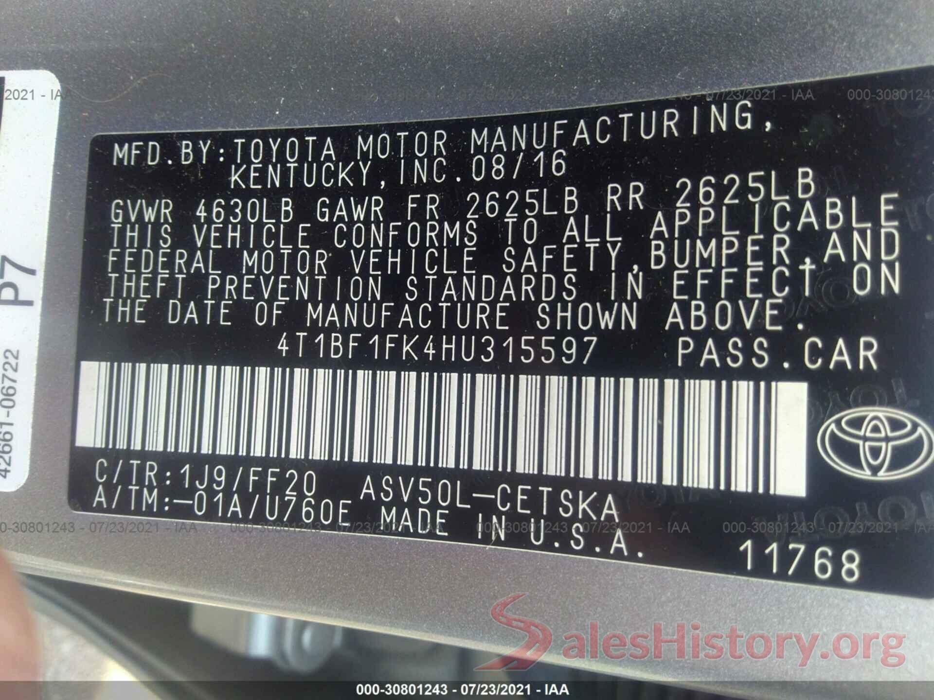 4T1BF1FK4HU315597 2017 TOYOTA CAMRY