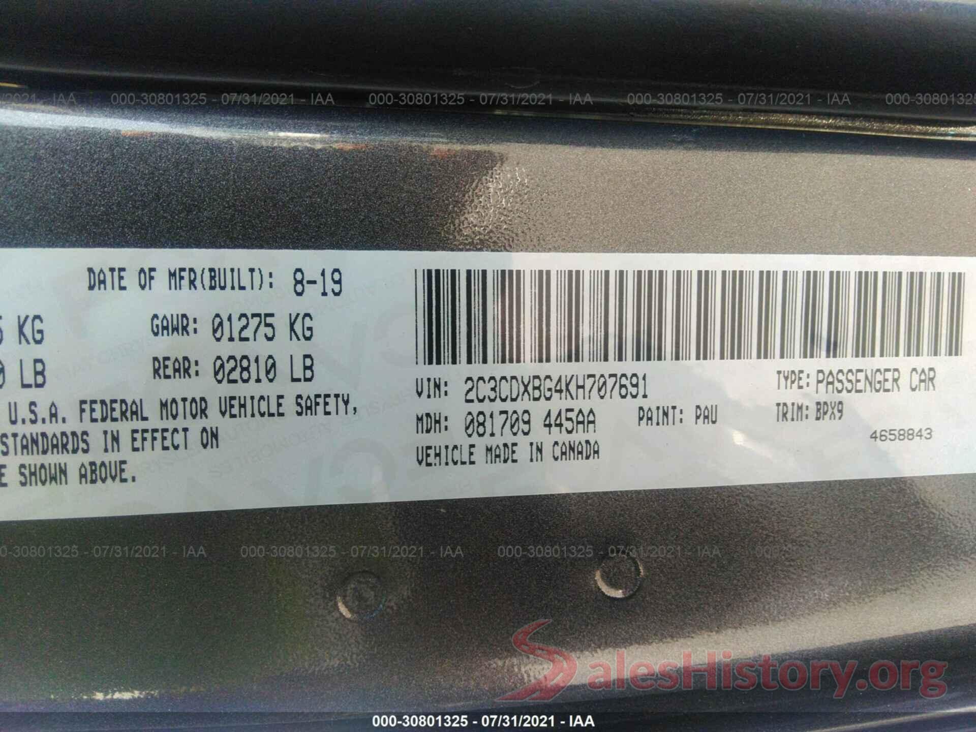 2C3CDXBG4KH707691 2019 DODGE CHARGER