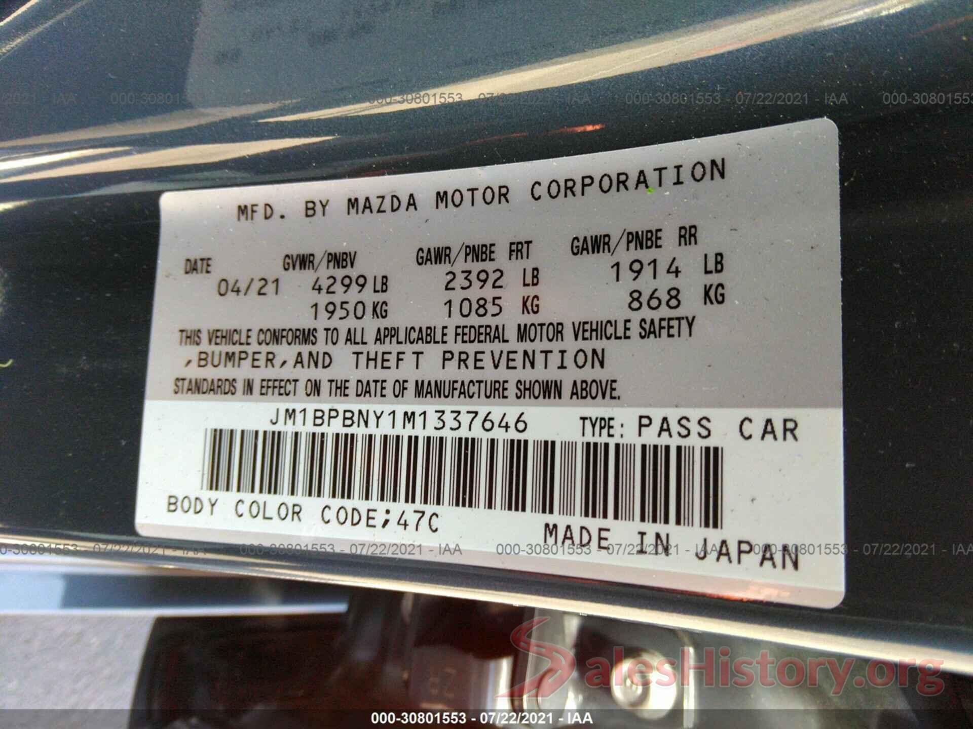 JM1BPBNY1M1337646 2021 MAZDA MAZDA3 HATCHBACK