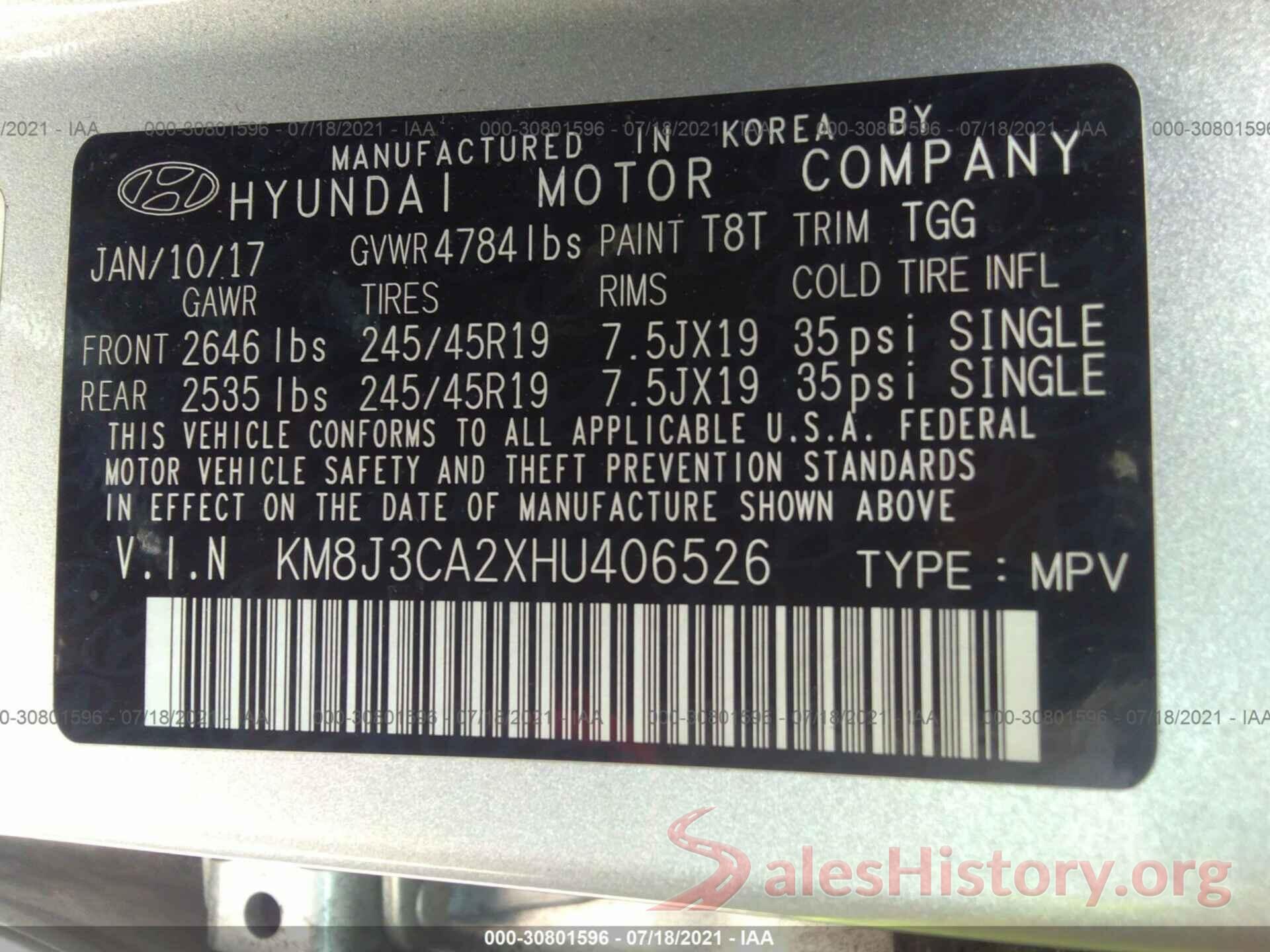 KM8J3CA2XHU406526 2017 HYUNDAI TUCSON