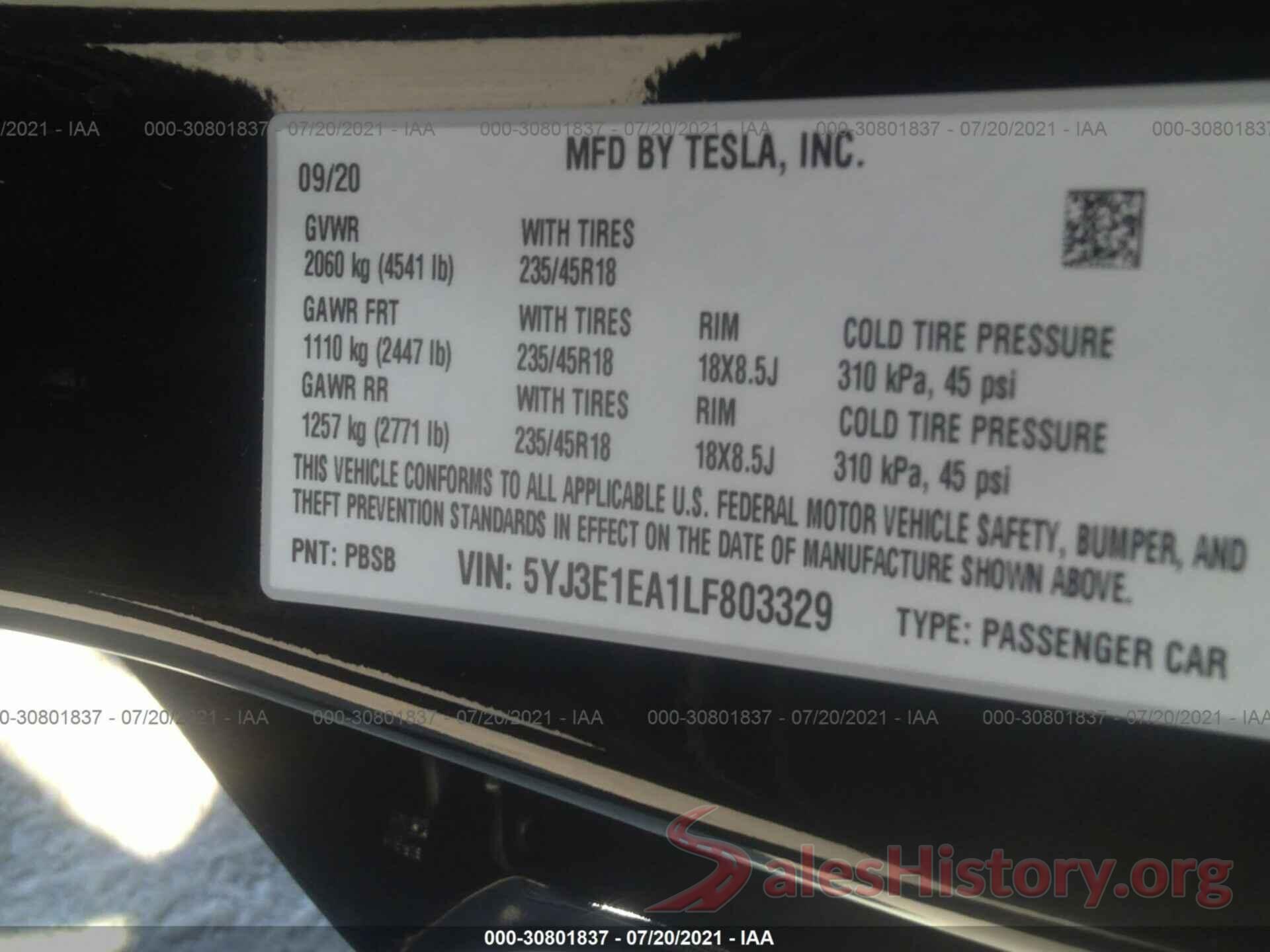 5YJ3E1EA1LF803329 2020 TESLA MODEL 3