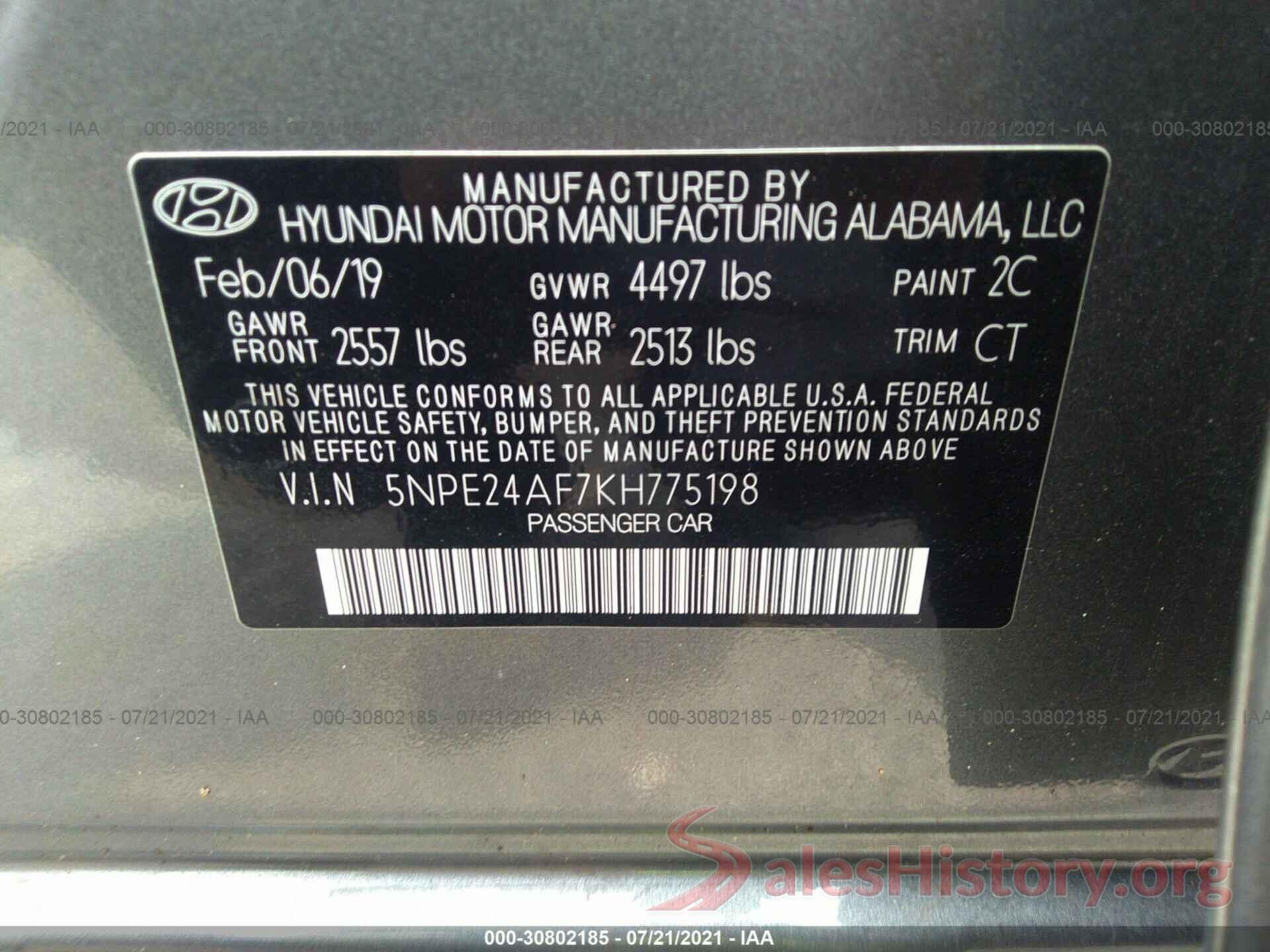 5NPE24AF7KH775198 2019 HYUNDAI SONATA