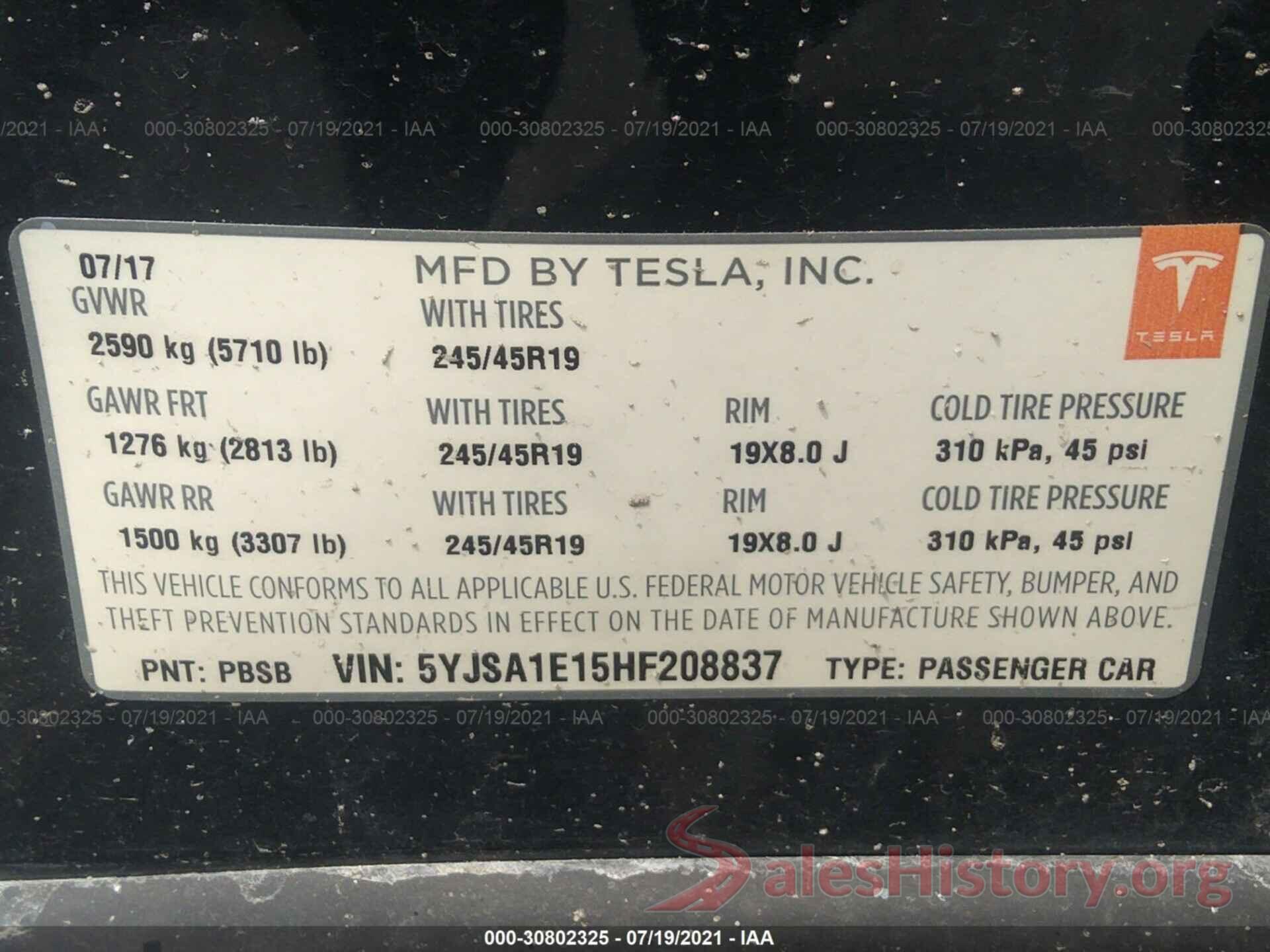 5YJSA1E15HF208837 2017 TESLA MODEL S