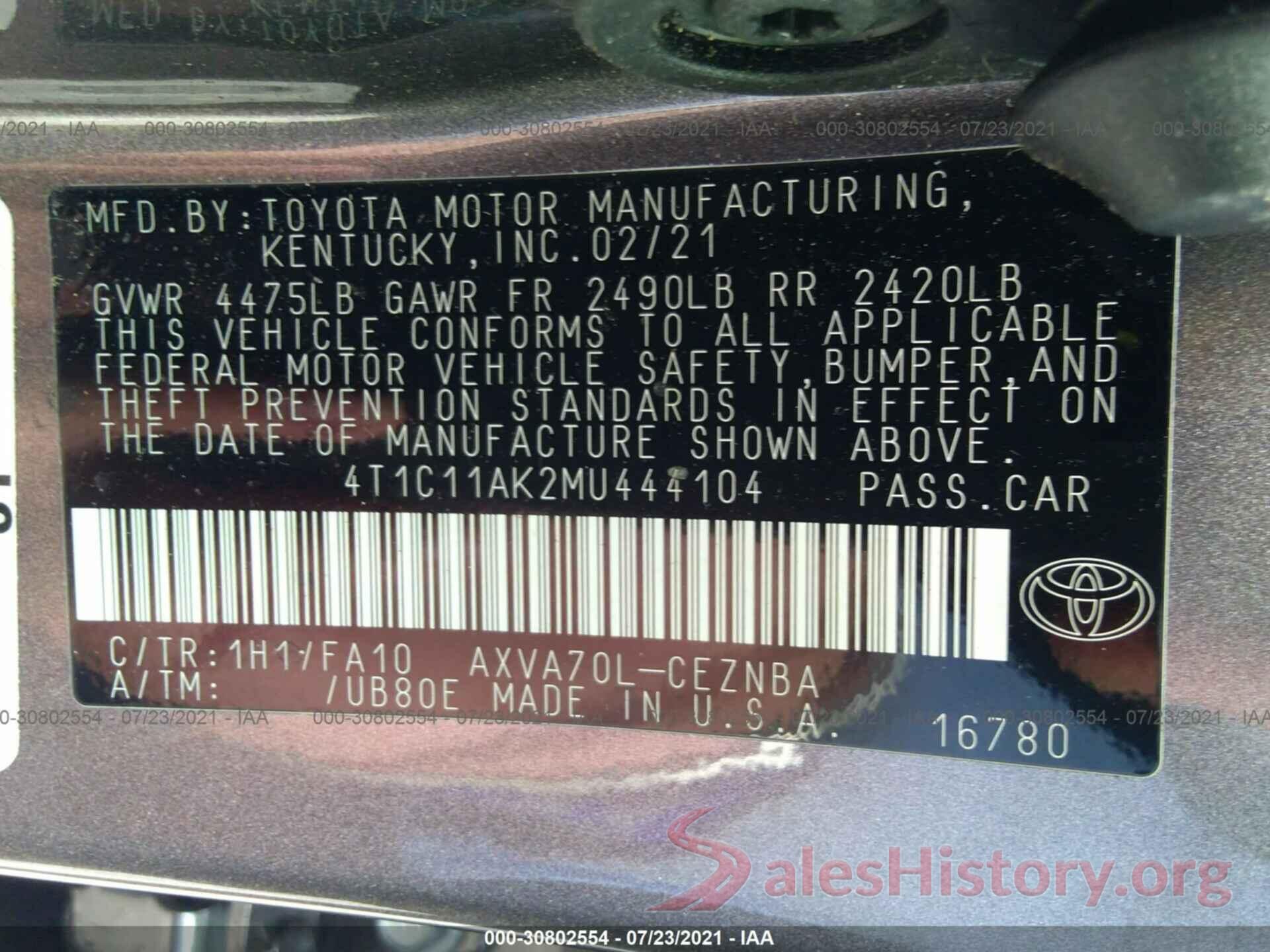 4T1C11AK2MU444104 2021 TOYOTA CAMRY