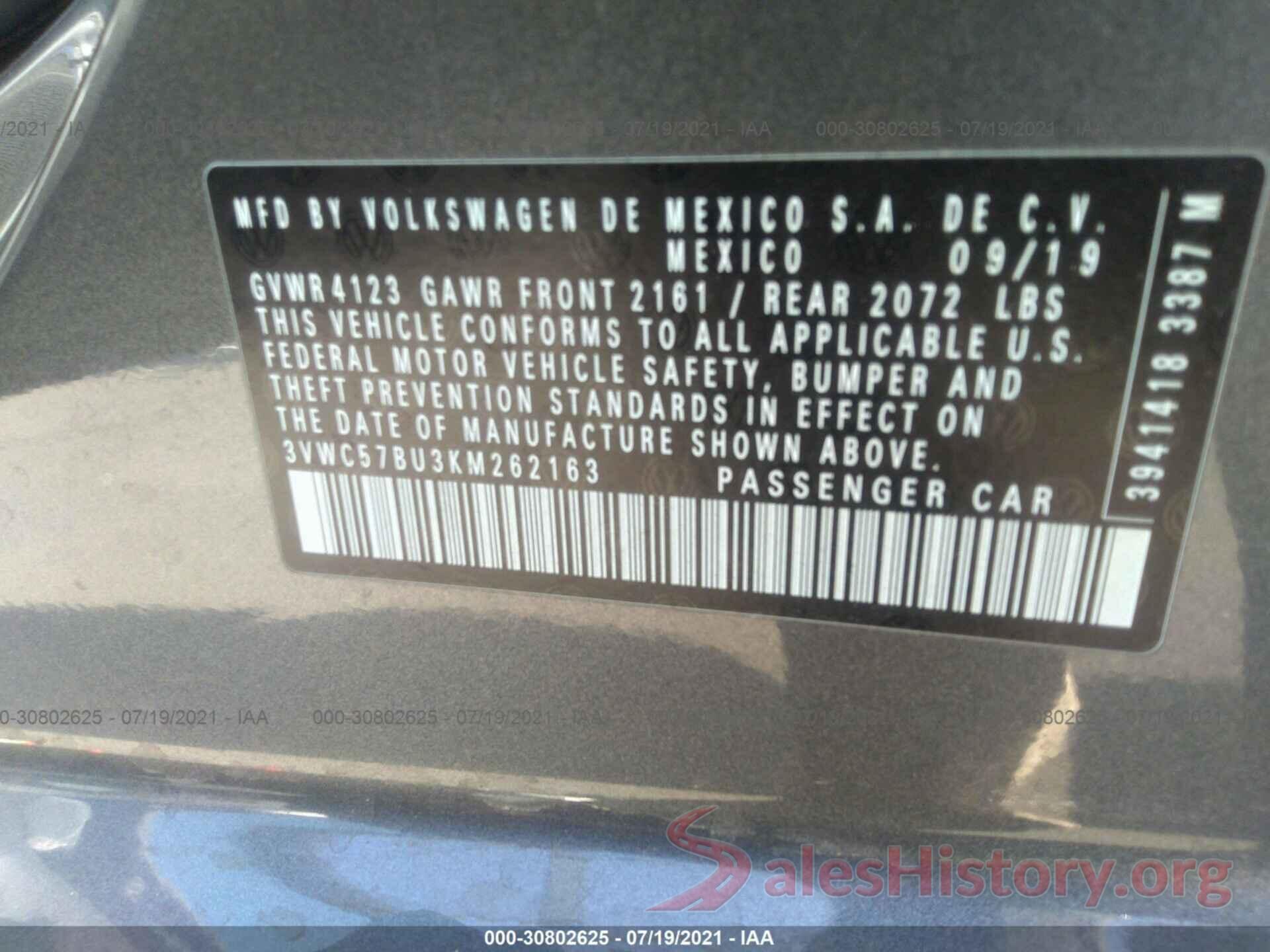 3VWC57BU3KM262163 2019 VOLKSWAGEN JETTA