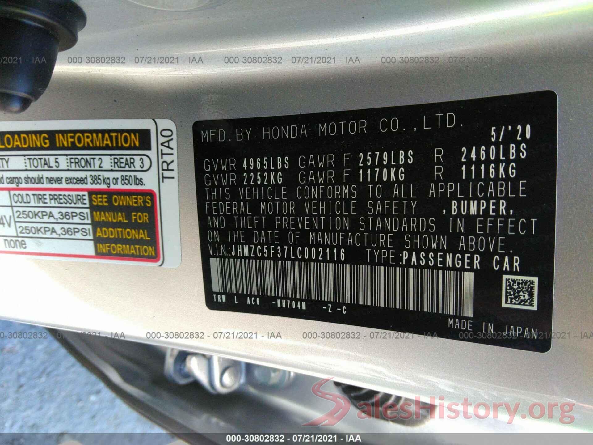 JHMZC5F37LC002116 2020 HONDA CLARITY PLUG-IN HYBRID