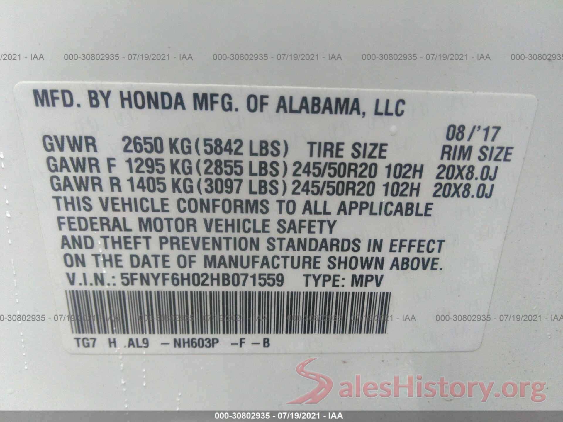 5FNYF6H02HB071559 2017 HONDA PILOT