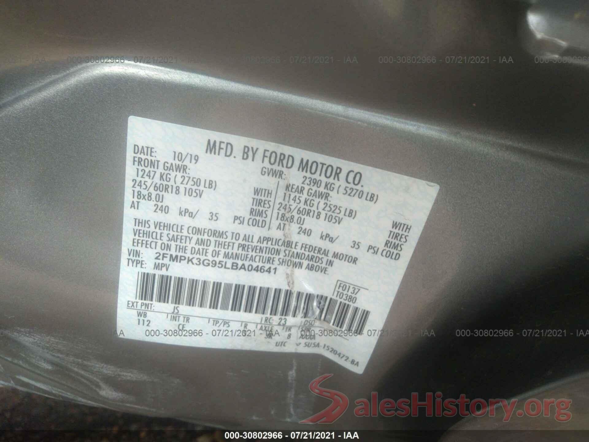 2FMPK3G95LBA04641 2020 FORD EDGE