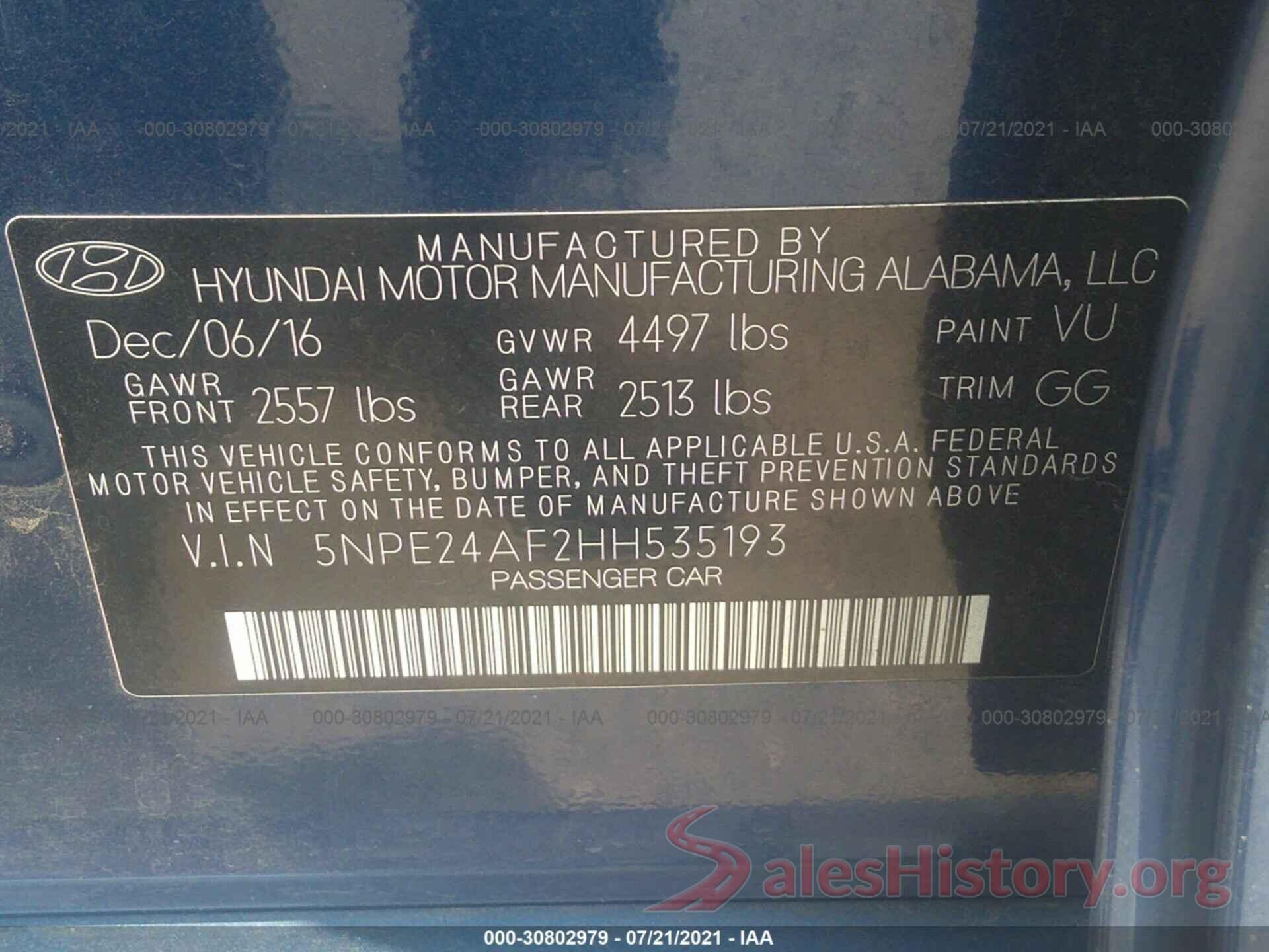 5NPE24AF2HH535193 2017 HYUNDAI SONATA