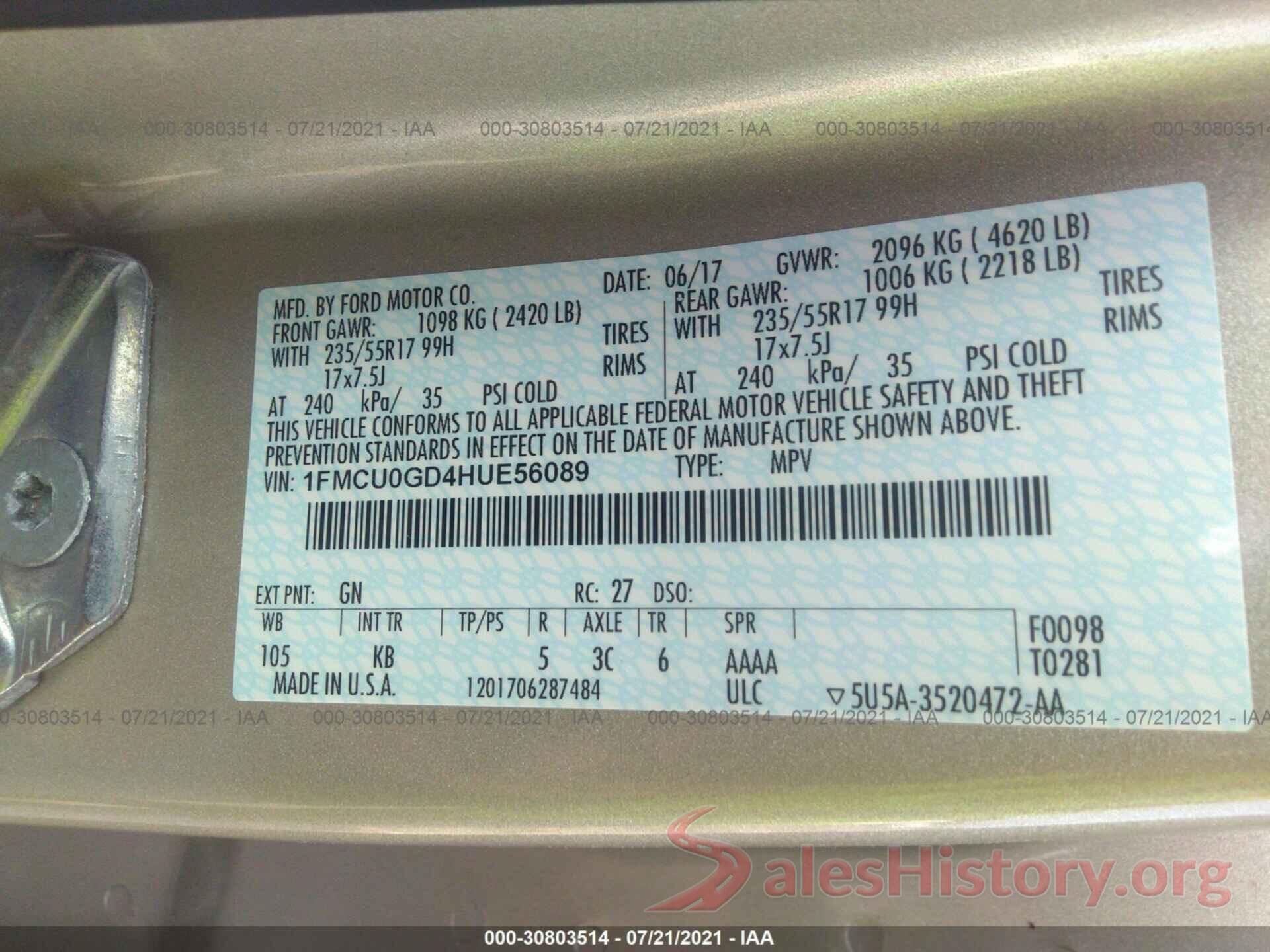 1FMCU0GD4HUE56089 2017 FORD ESCAPE