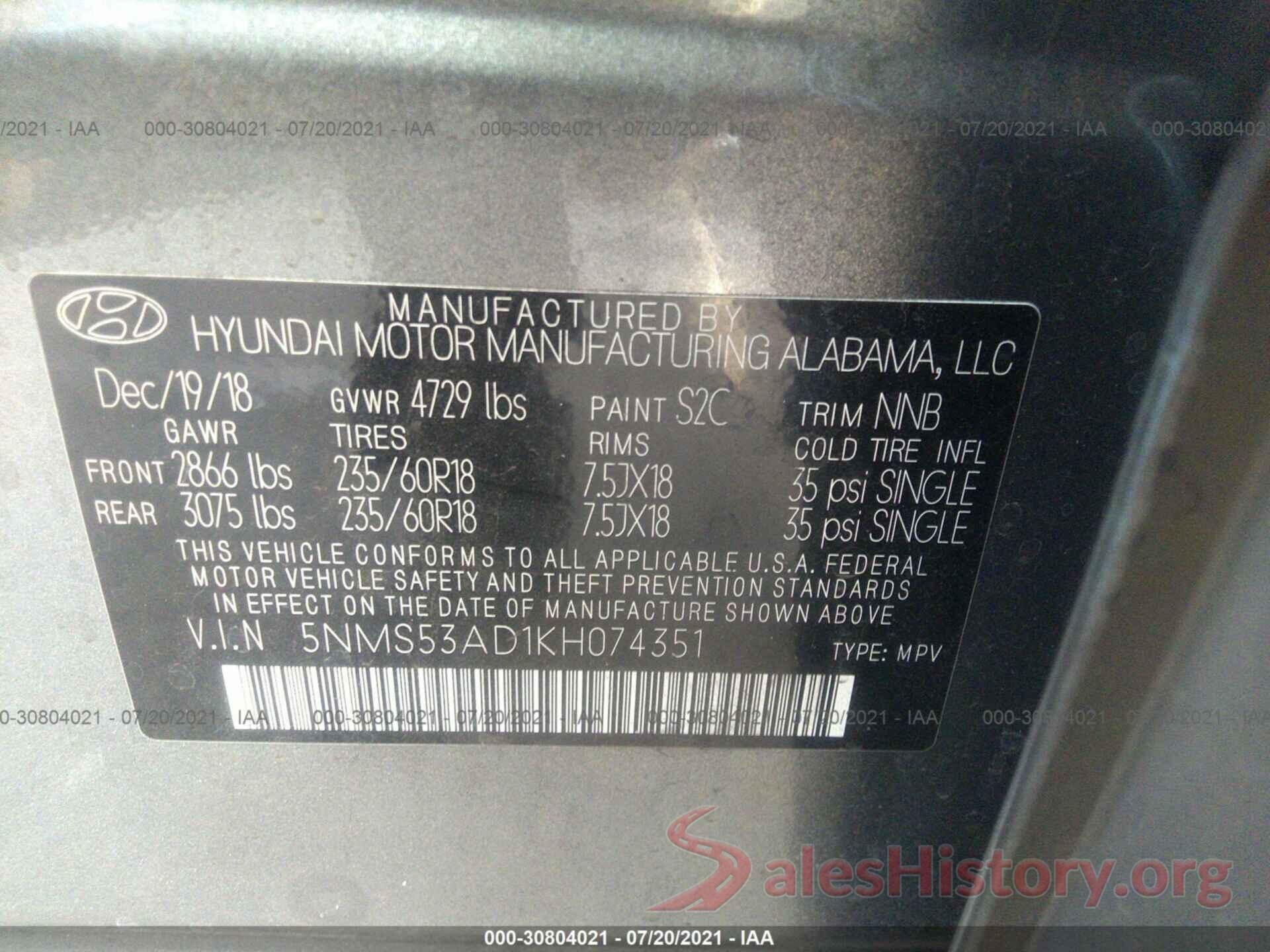 5NMS53AD1KH074351 2019 HYUNDAI SANTA FE