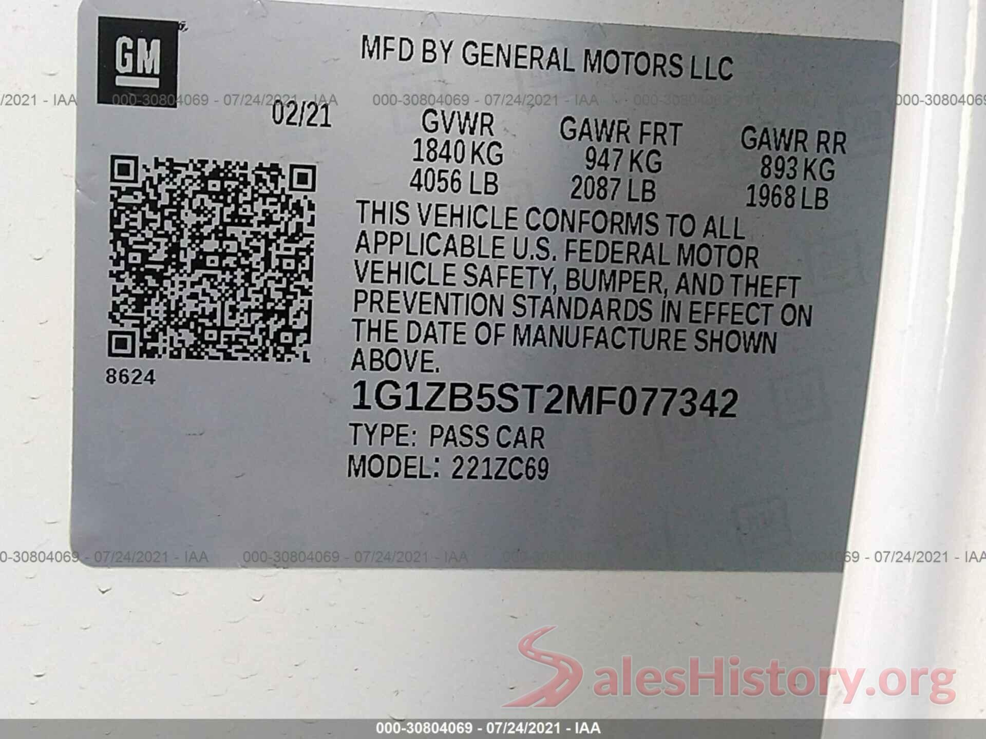 1G1ZB5ST2MF077342 2021 CHEVROLET MALIBU