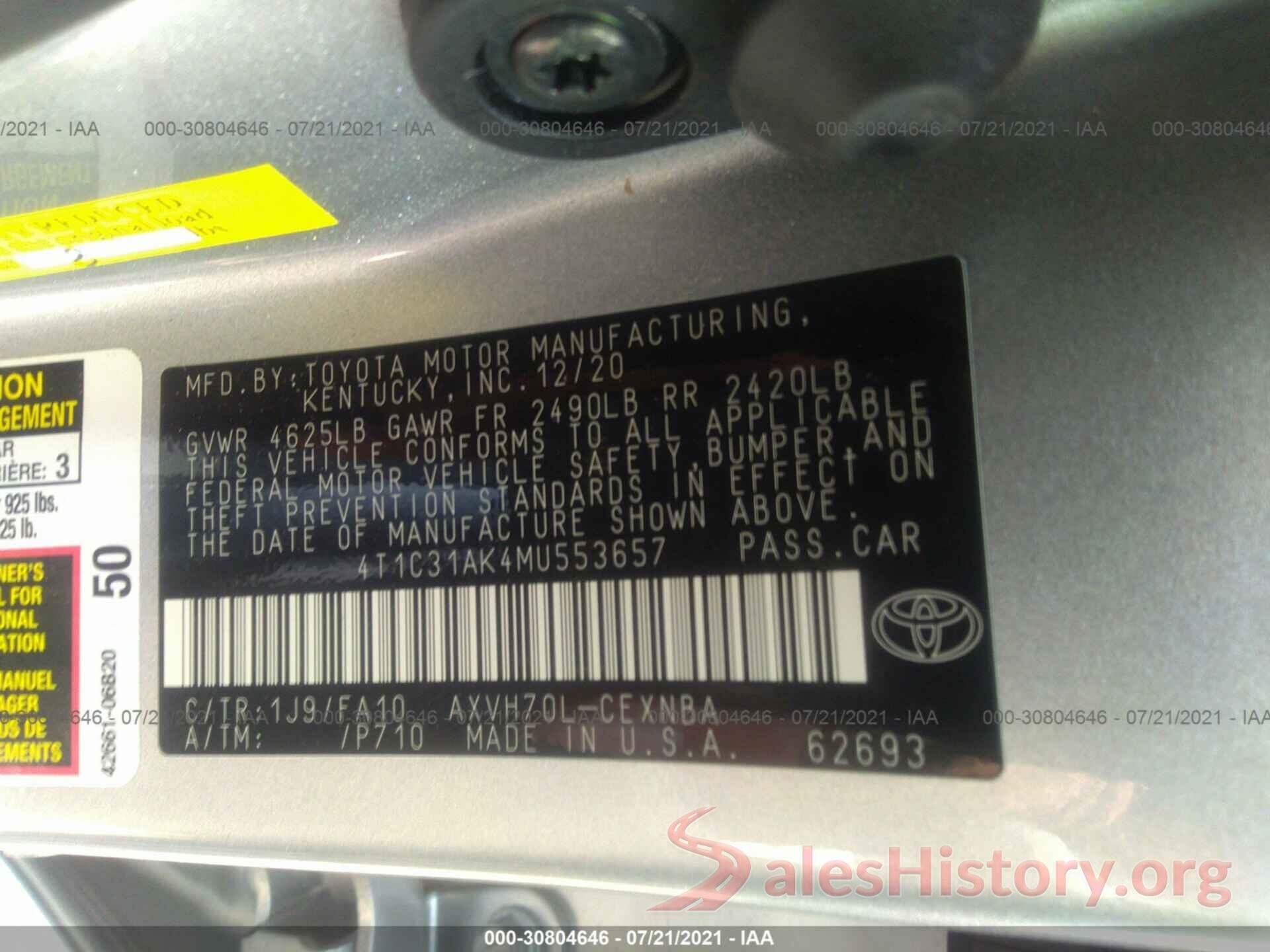 4T1C31AK4MU553657 2021 TOYOTA CAMRY