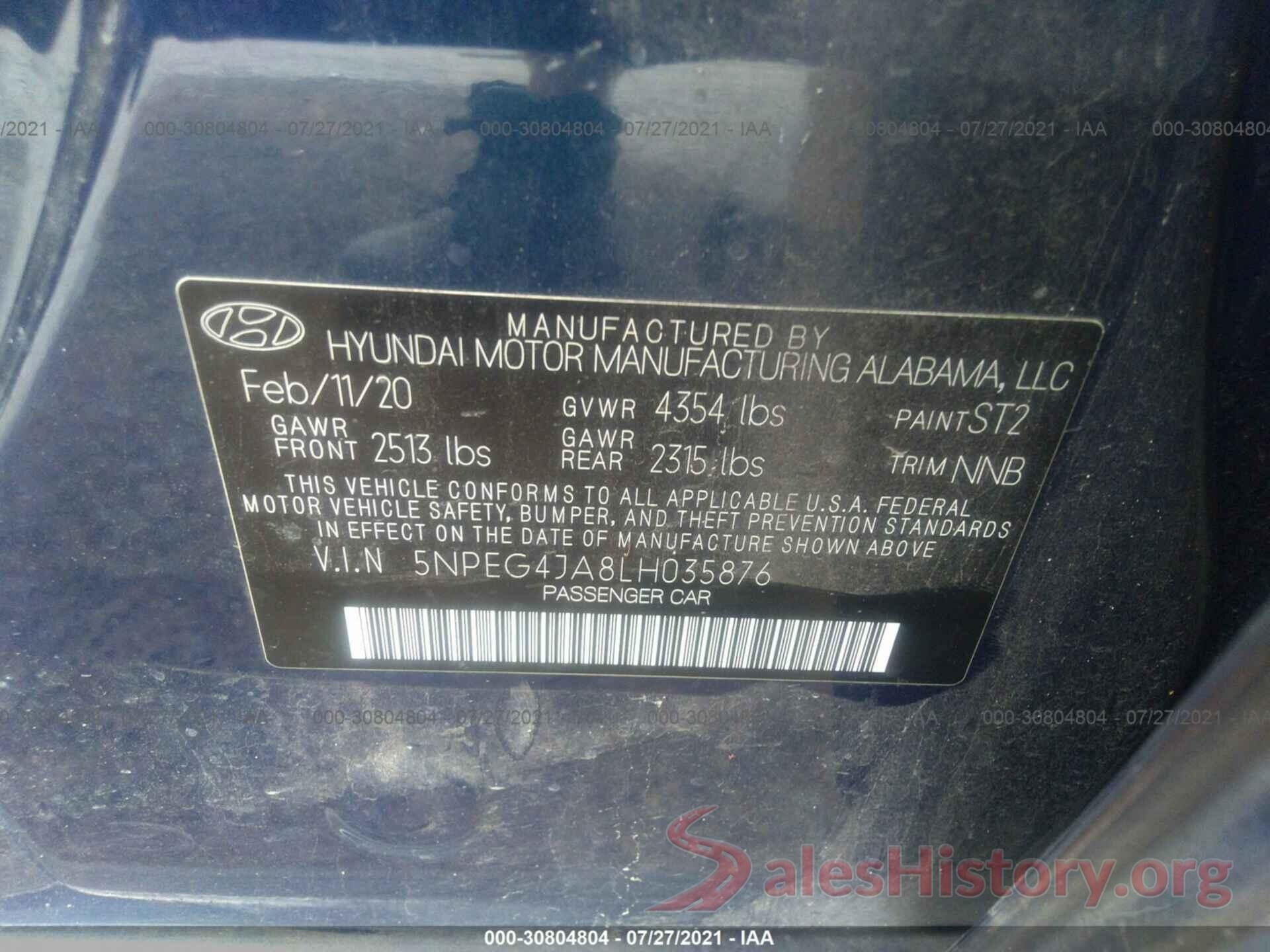 5NPEG4JA8LH035876 2020 HYUNDAI SONATA