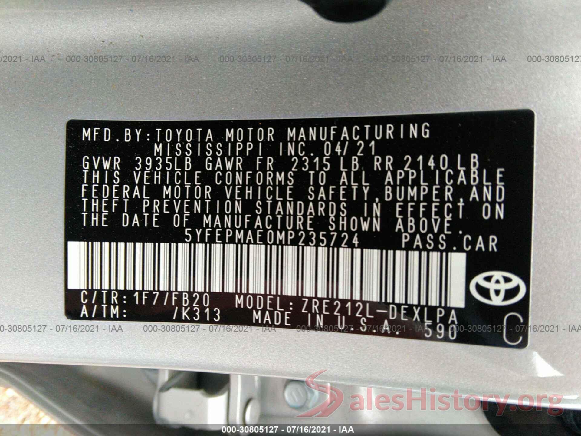 5YFEPMAE0MP235724 2021 TOYOTA COROLLA