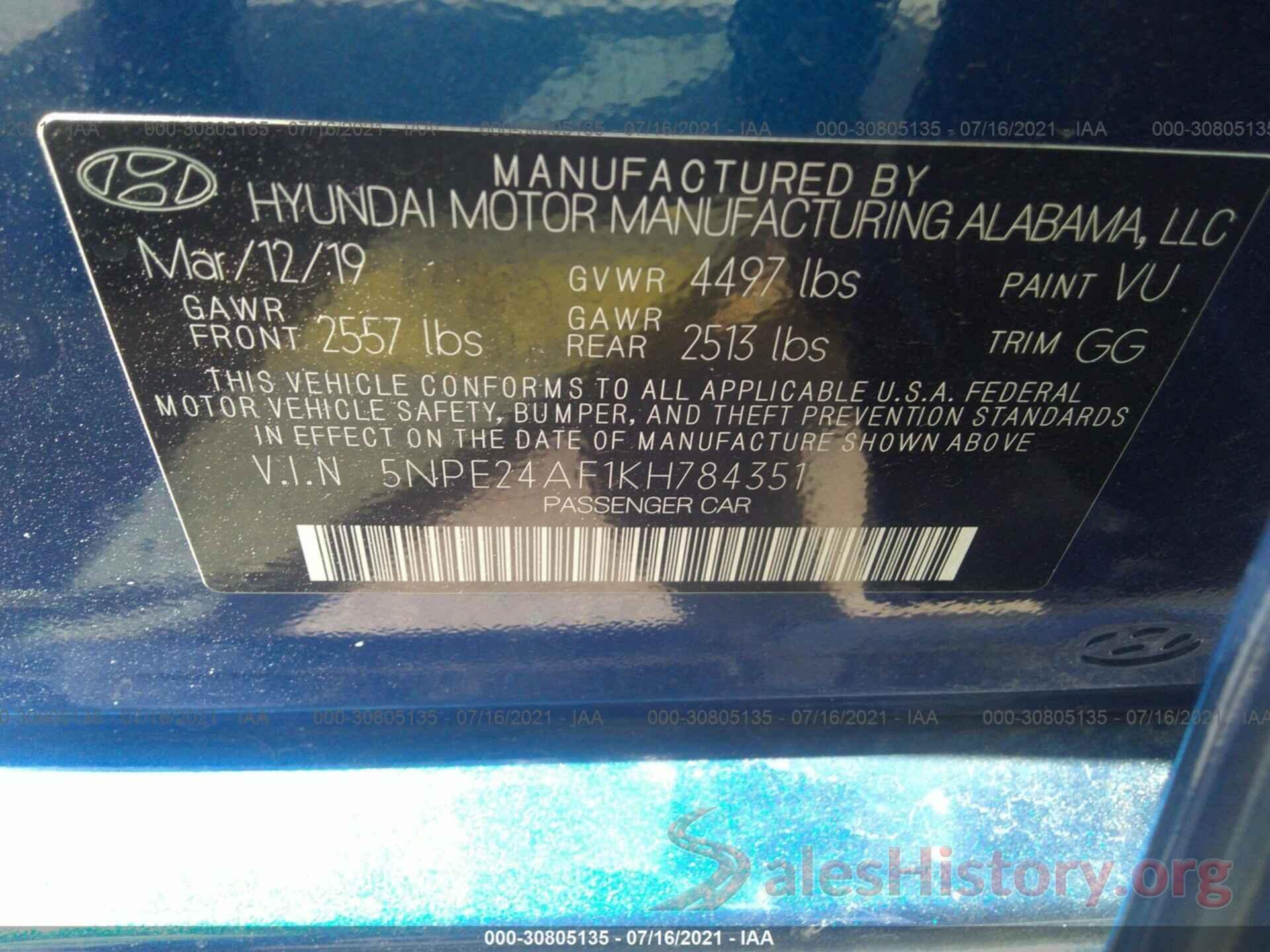 5NPE24AF1KH784351 2019 HYUNDAI SONATA