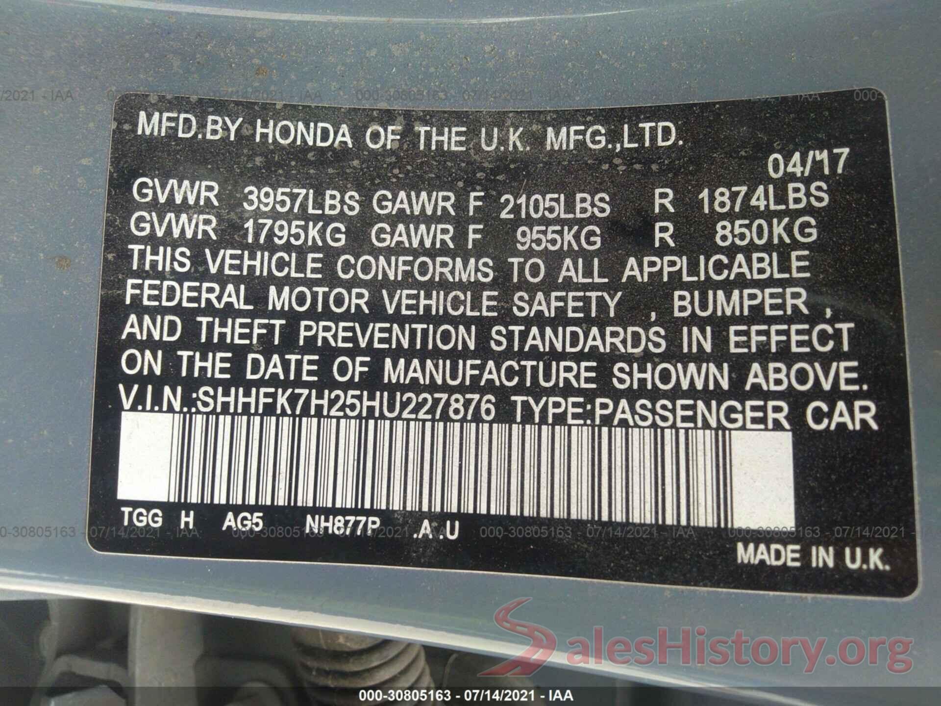 SHHFK7H25HU227876 2017 HONDA CIVIC HATCHBACK