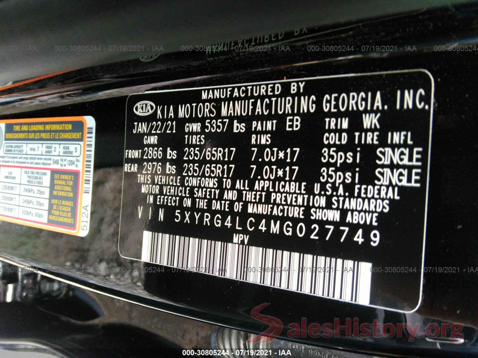 5XYRG4LC4MG027749 2021 KIA SORENTO