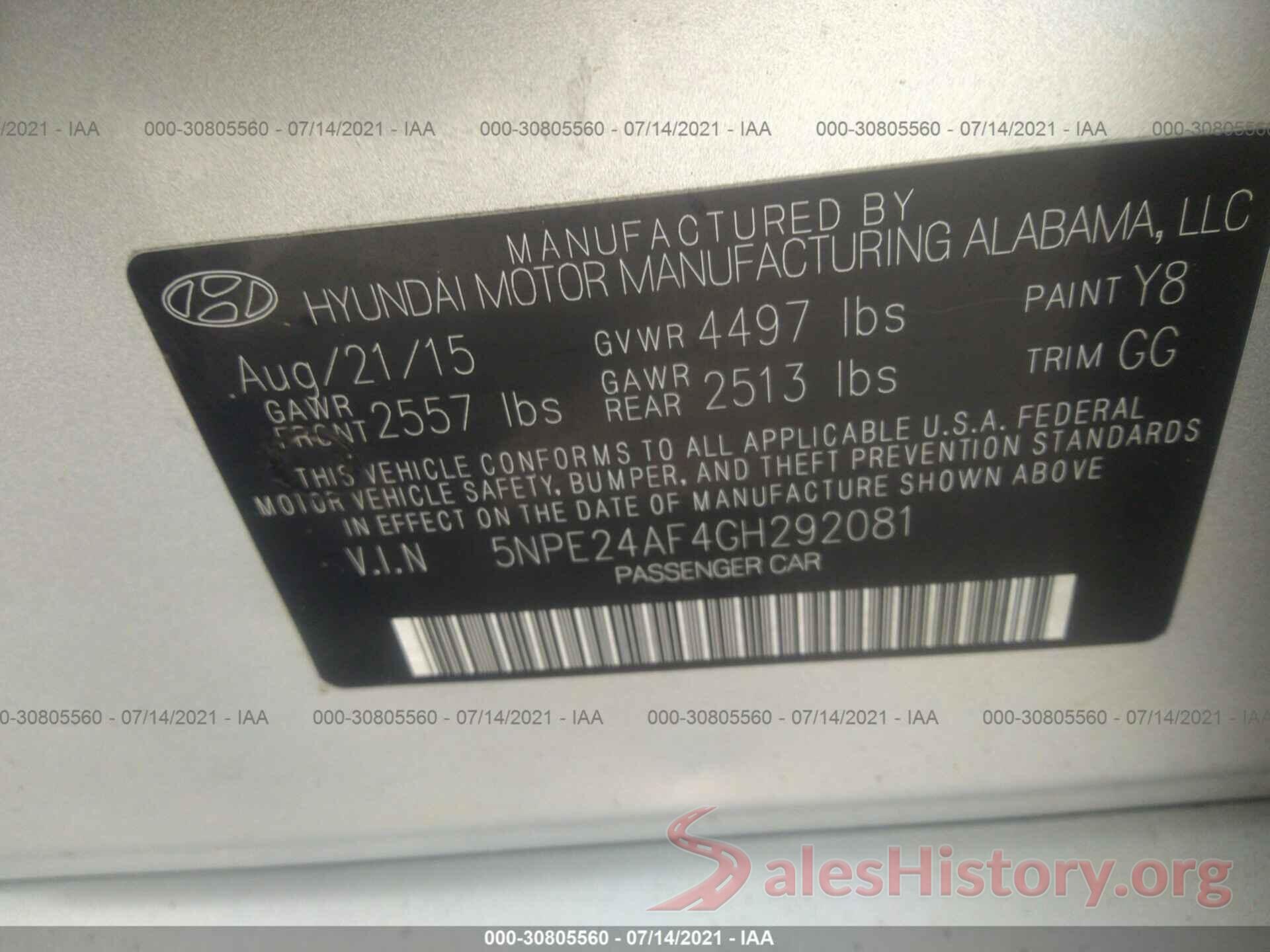 5NPE24AF4GH292081 2016 HYUNDAI SONATA