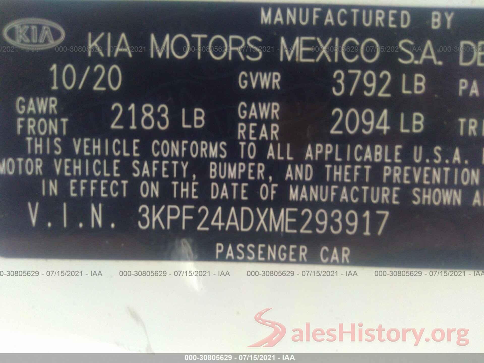 3KPF24ADXME293917 2021 KIA FORTE