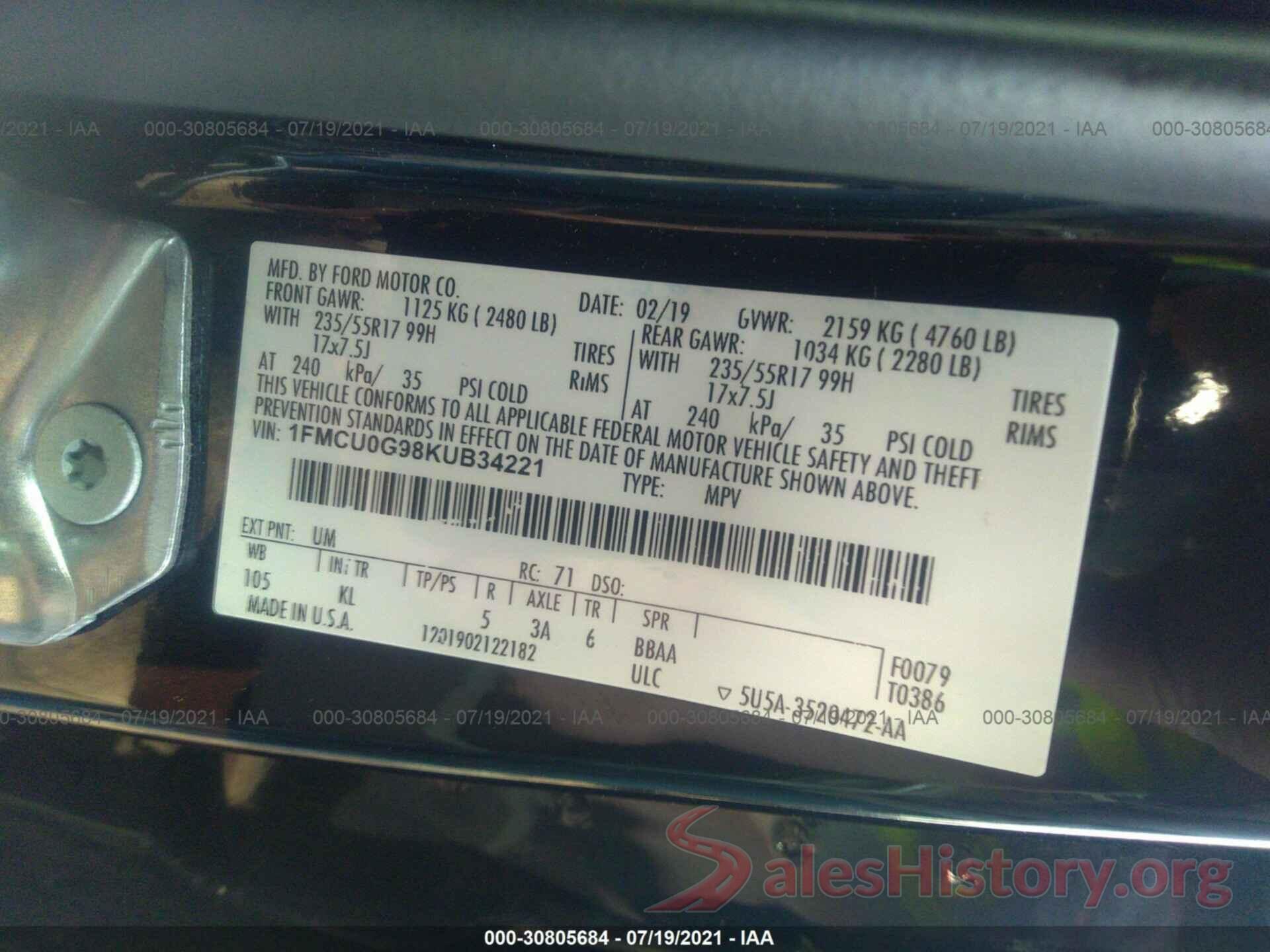 1FMCU0G98KUB34221 2019 FORD ESCAPE