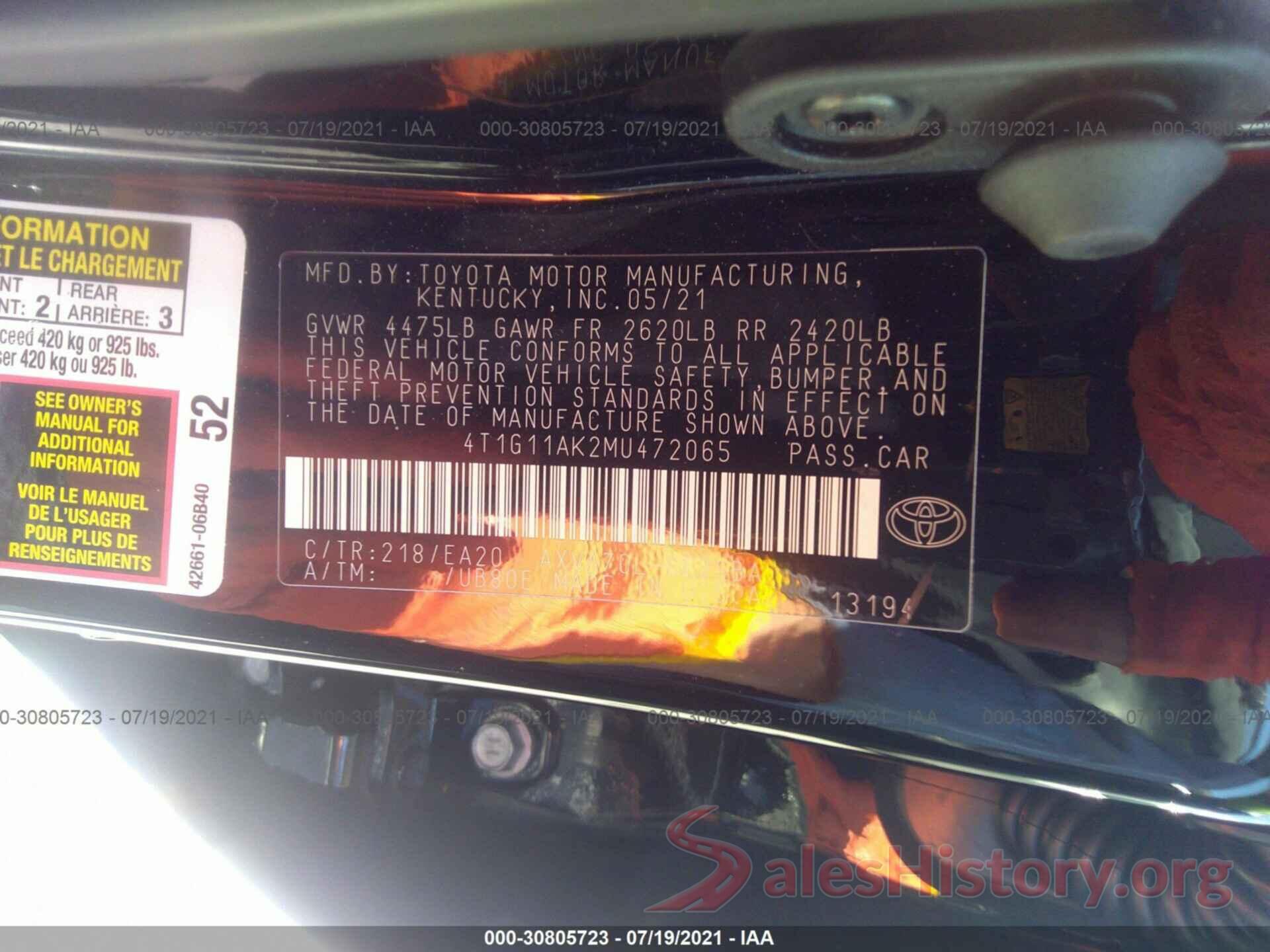 4T1G11AK2MU472065 2021 TOYOTA CAMRY