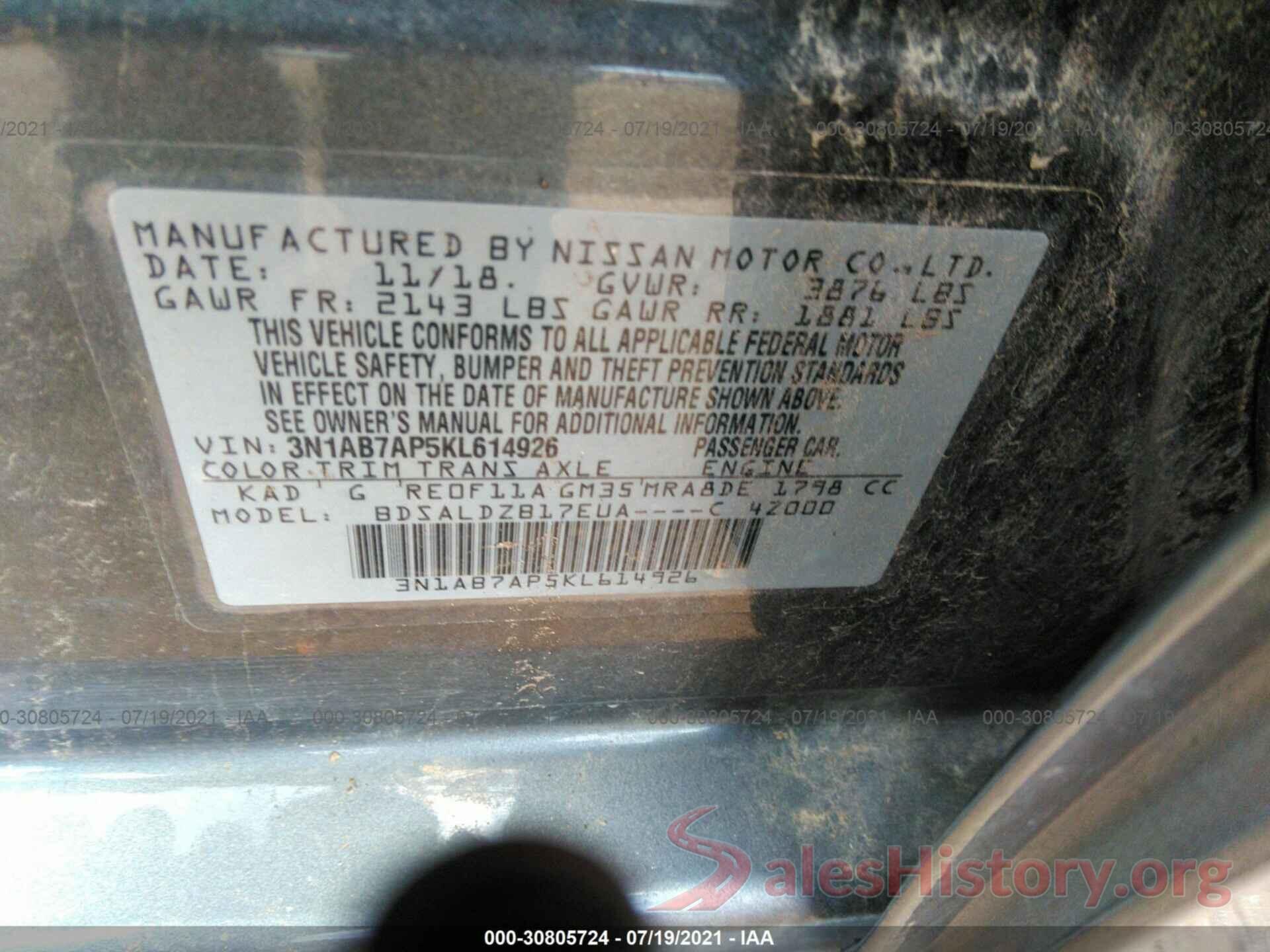 3N1AB7AP5KL614926 2019 NISSAN SENTRA