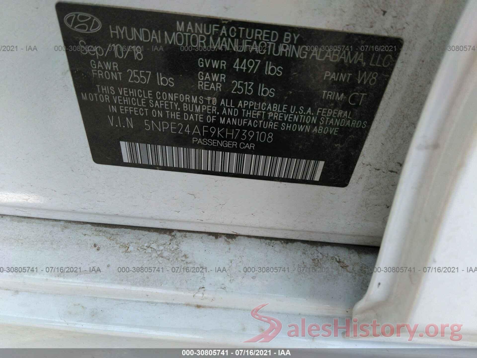 5NPE24AF9KH739108 2019 HYUNDAI SONATA