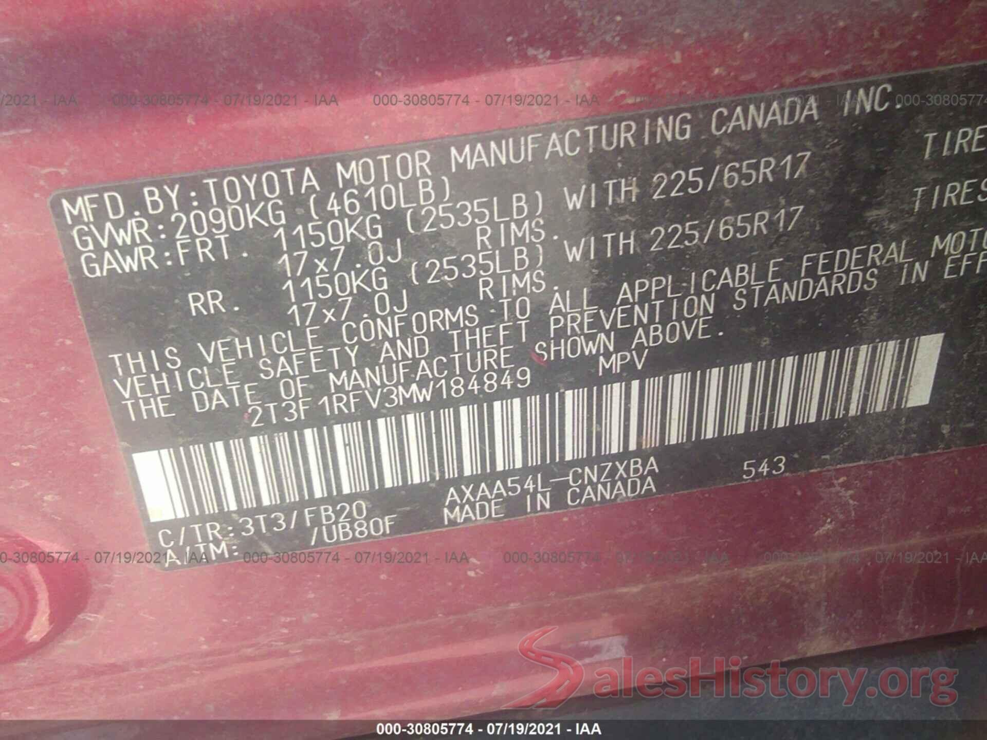 2T3F1RFV3MW184849 2021 TOYOTA RAV4