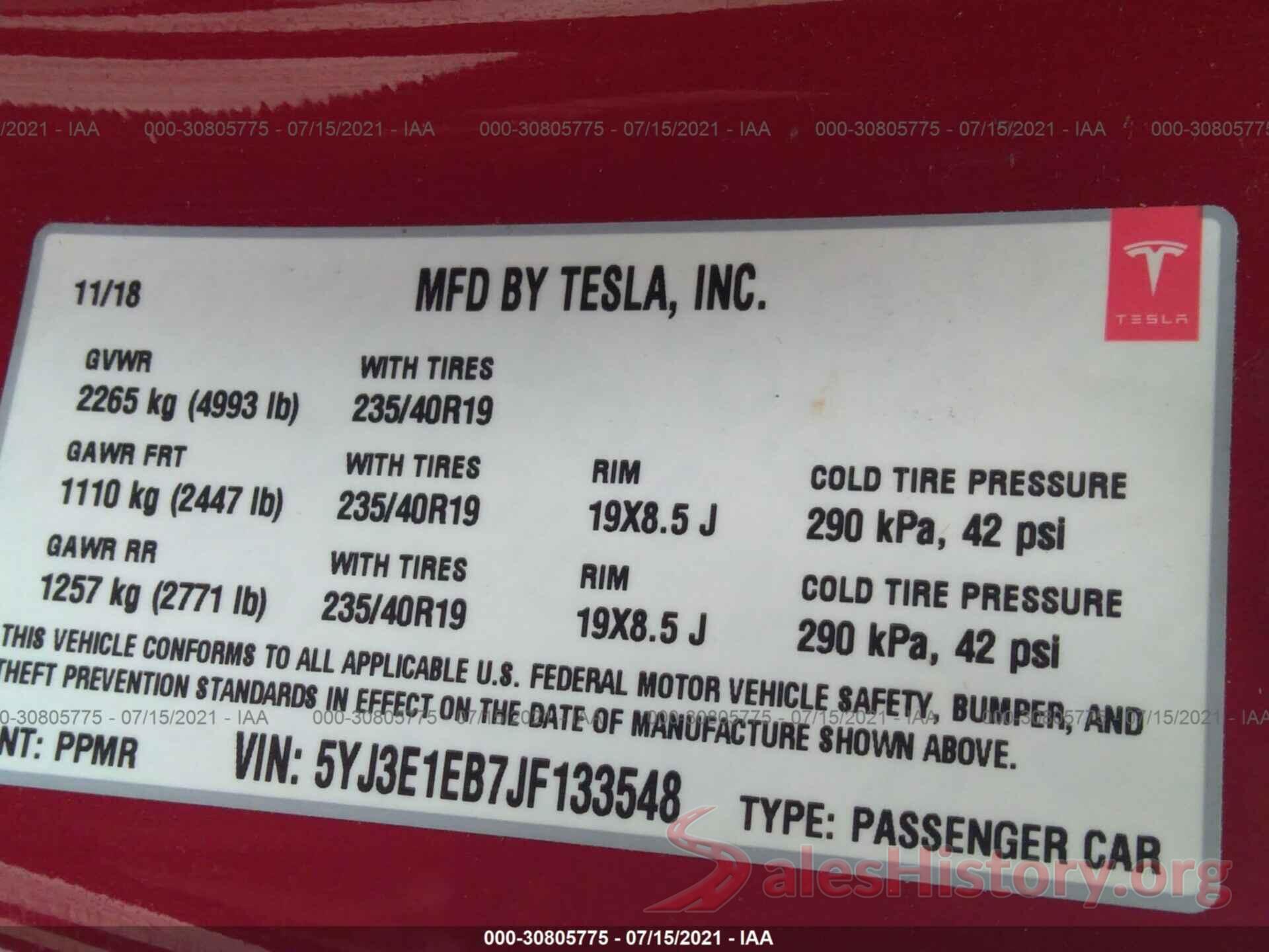 5YJ3E1EB7JF133548 2018 TESLA MODEL 3