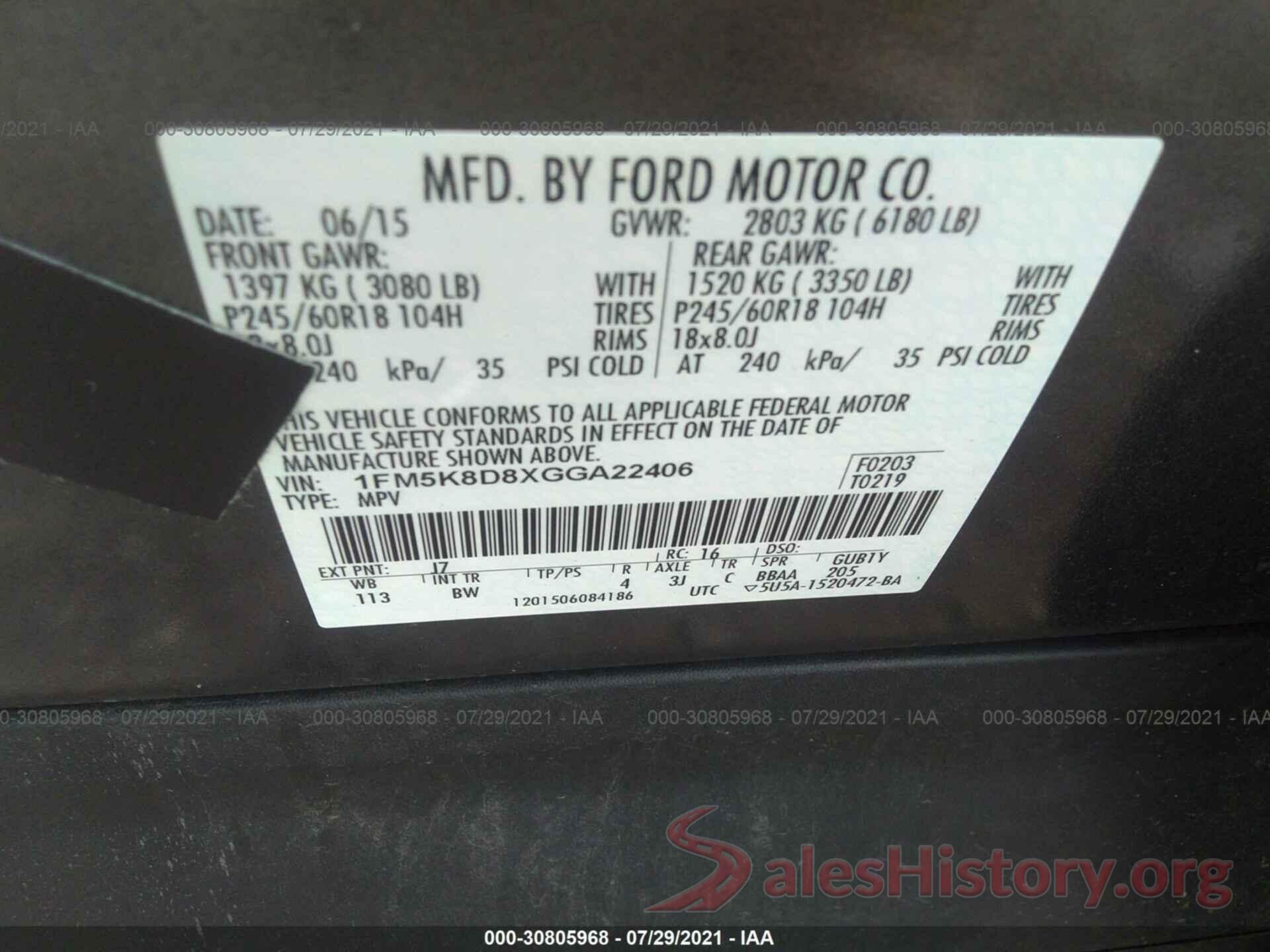 1FM5K8D8XGGA22406 2016 FORD EXPLORER