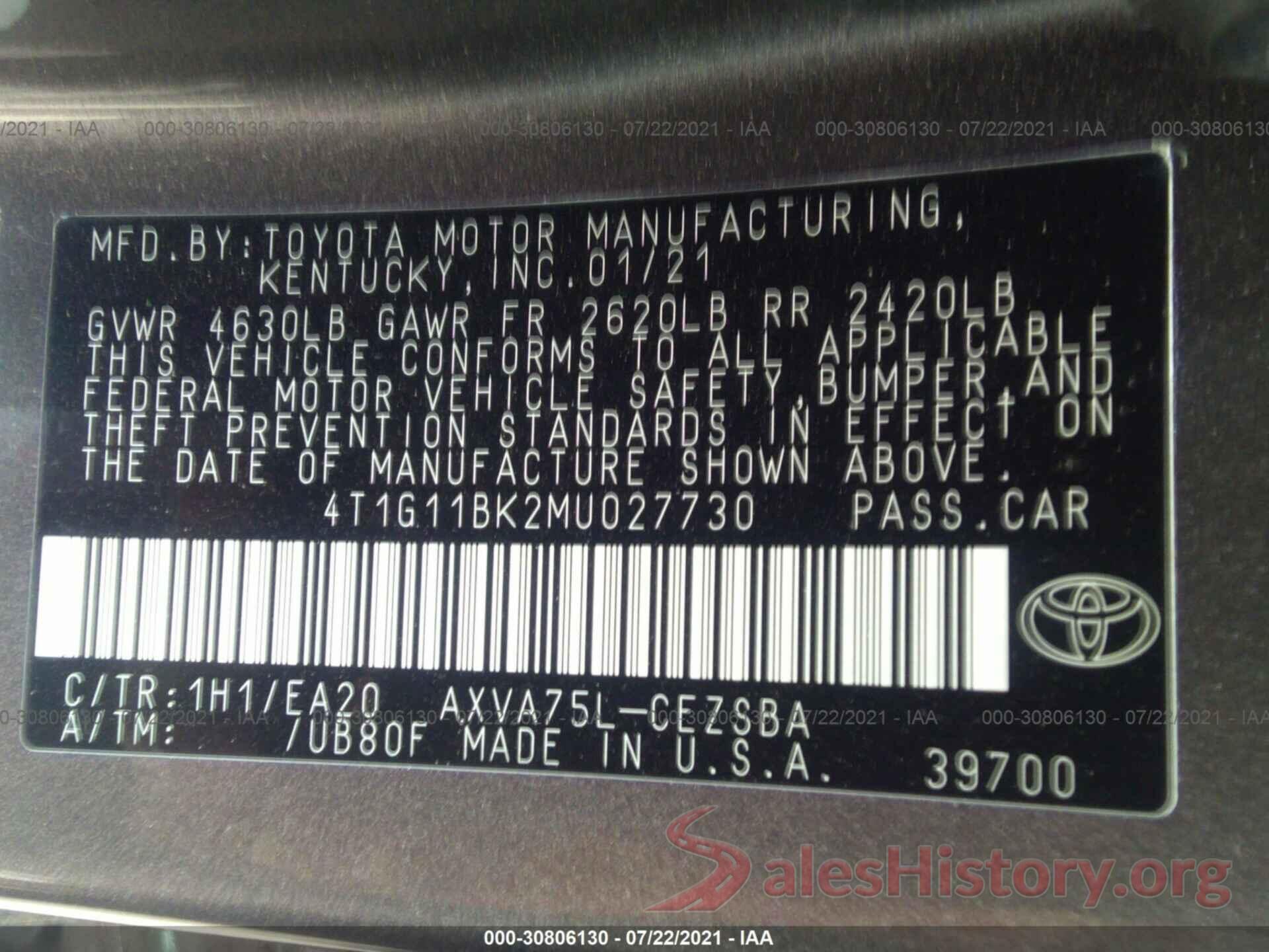 4T1G11BK2MU027730 2021 TOYOTA CAMRY