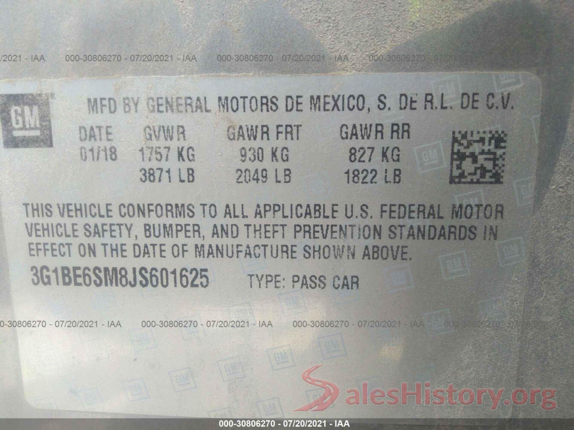 3G1BE6SM8JS601625 2018 CHEVROLET CRUZE