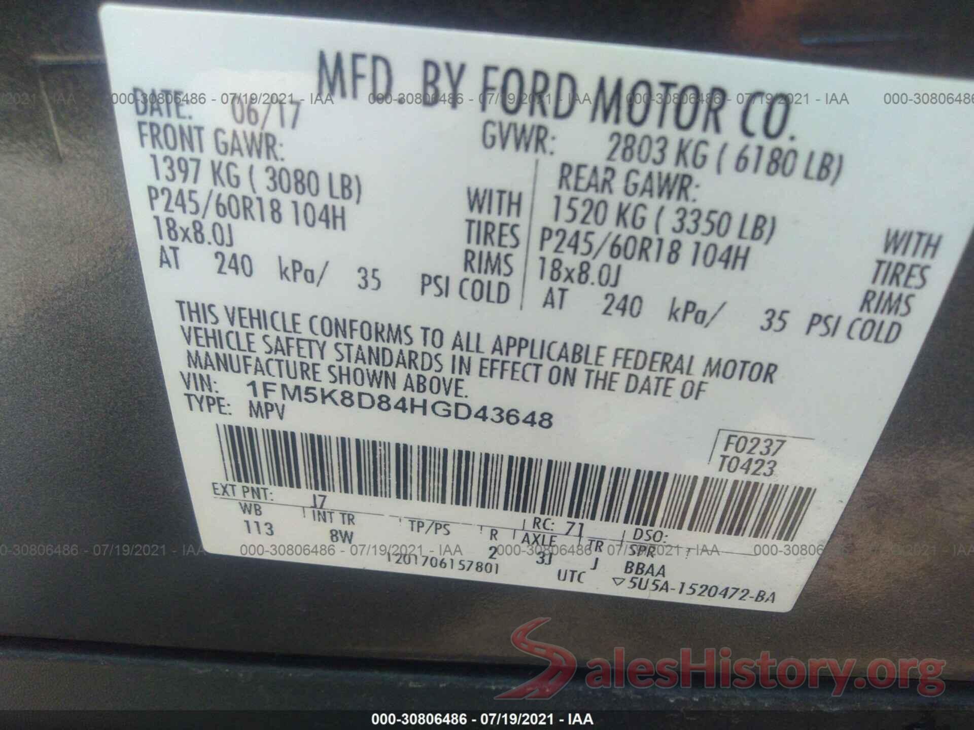 1FM5K8D84HGD43648 2017 FORD EXPLORER