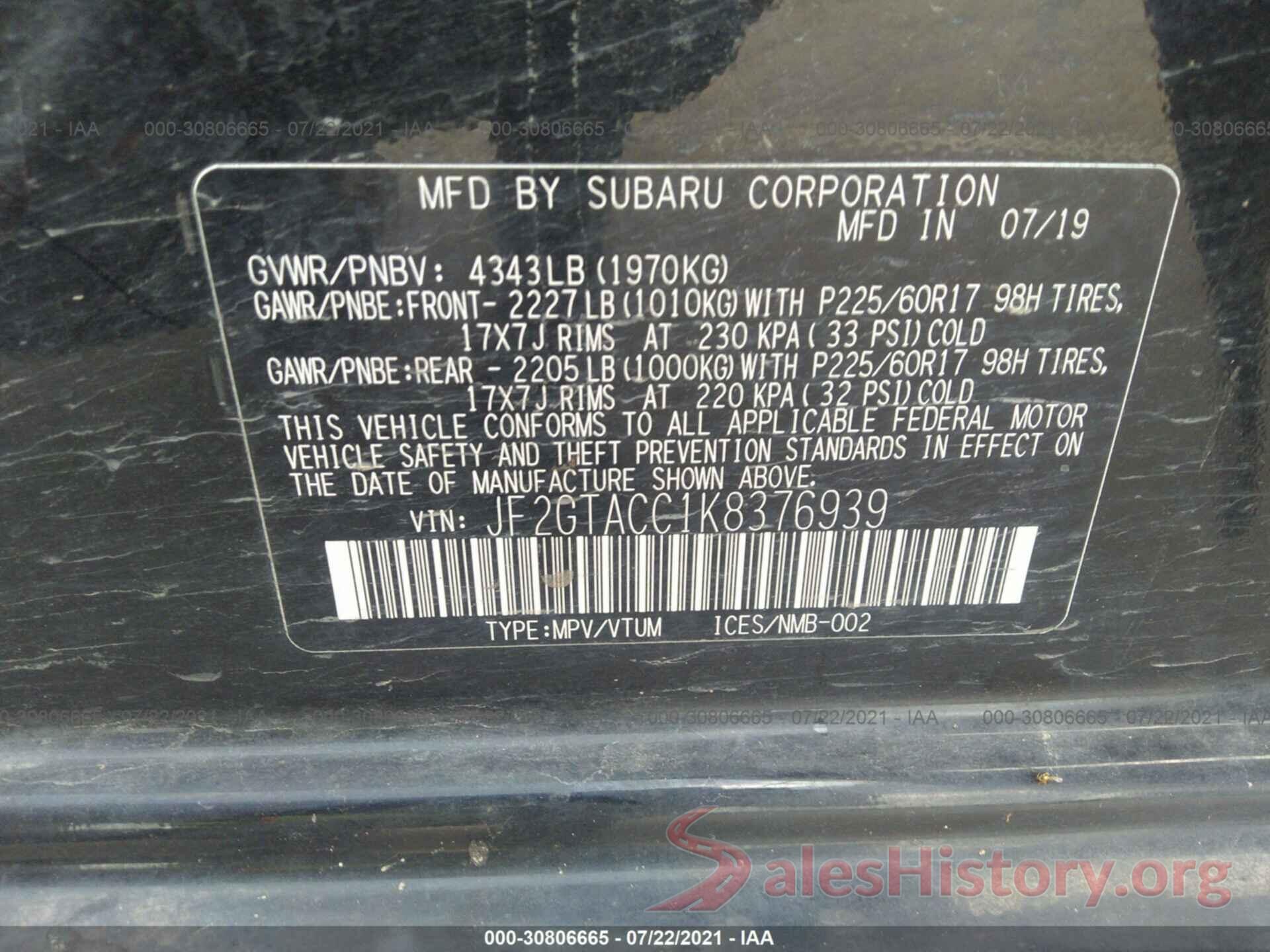 JF2GTACC1K8376939 2019 SUBARU CROSSTREK