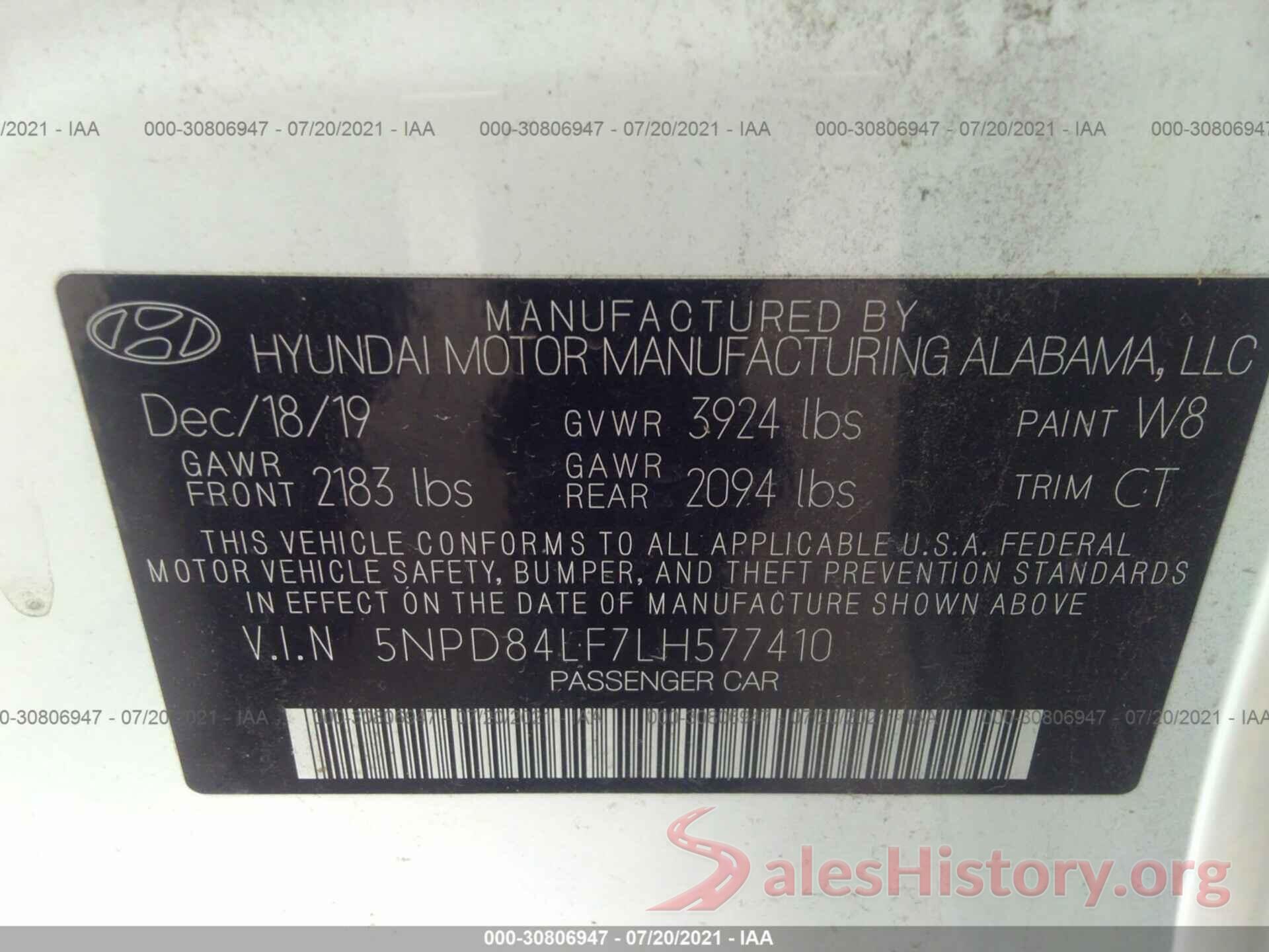 5NPD84LF7LH577410 2020 HYUNDAI ELANTRA