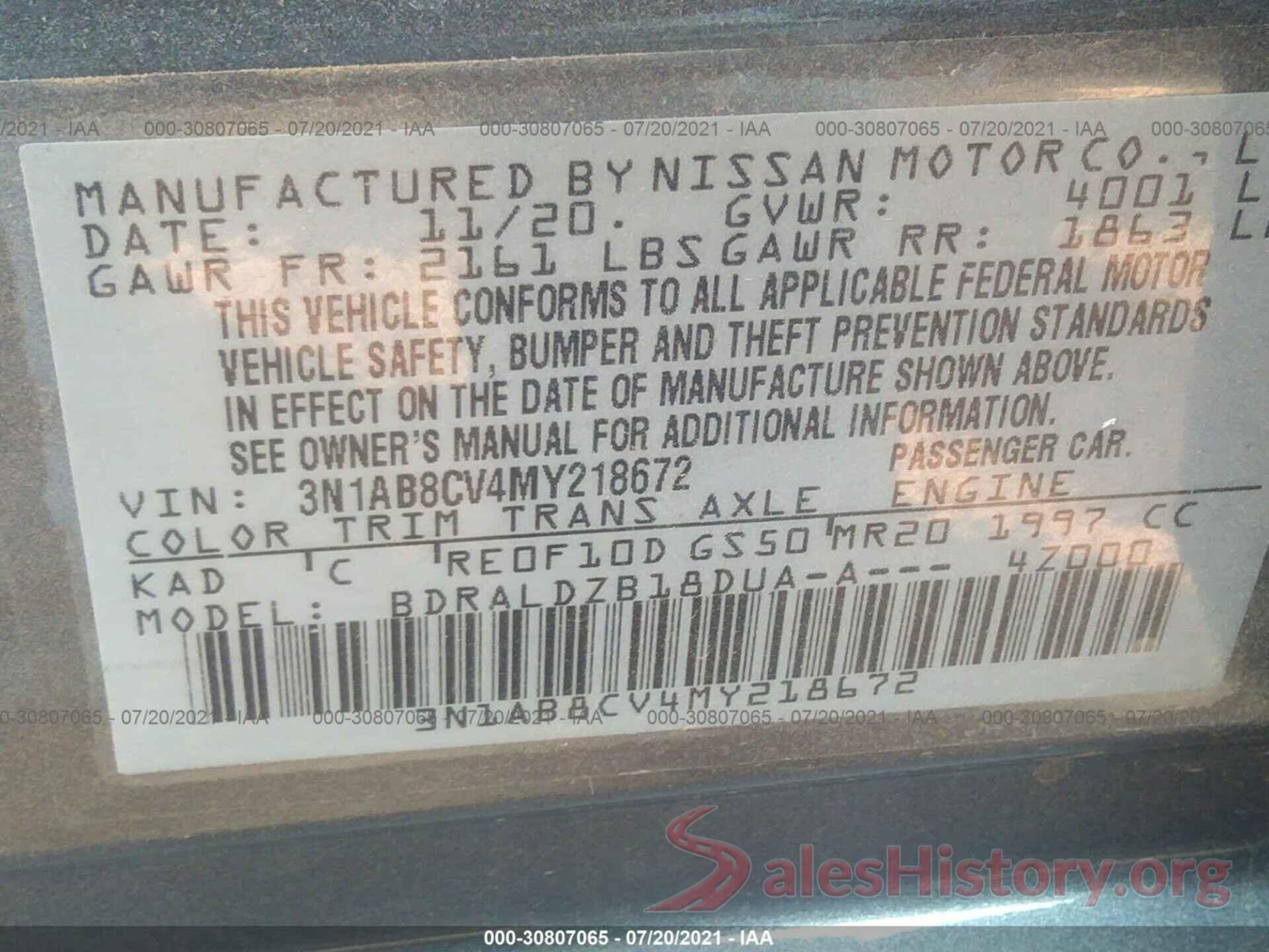 3N1AB8CV4MY218672 2021 NISSAN SENTRA