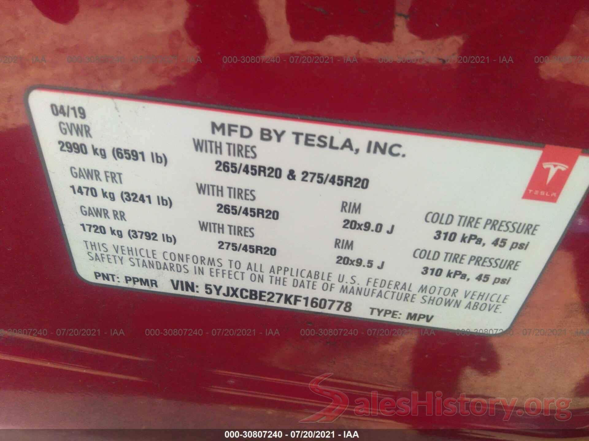 5YJXCBE27KF160778 2019 TESLA MODEL X