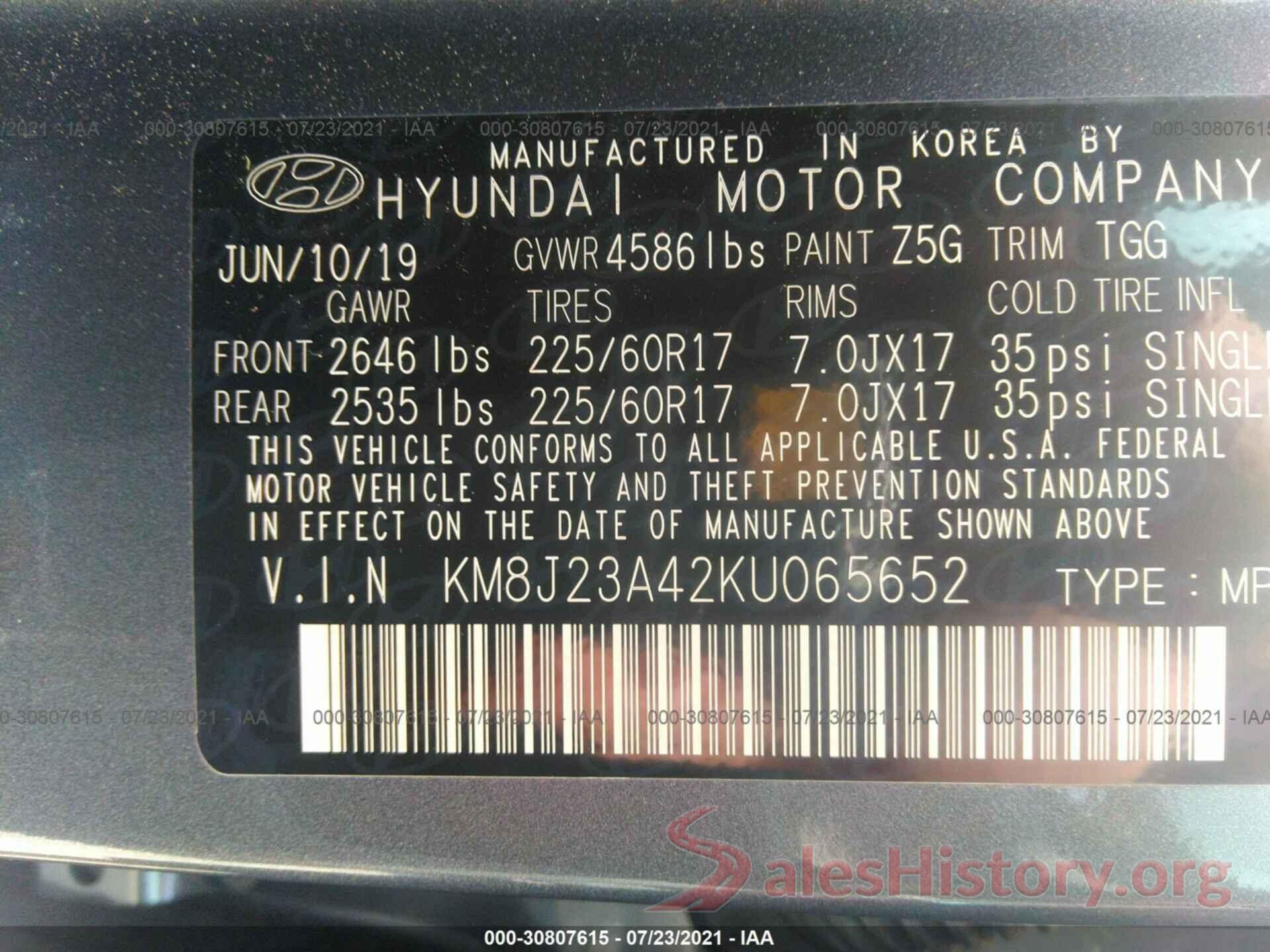 KM8J23A42KU065652 2019 HYUNDAI TUCSON