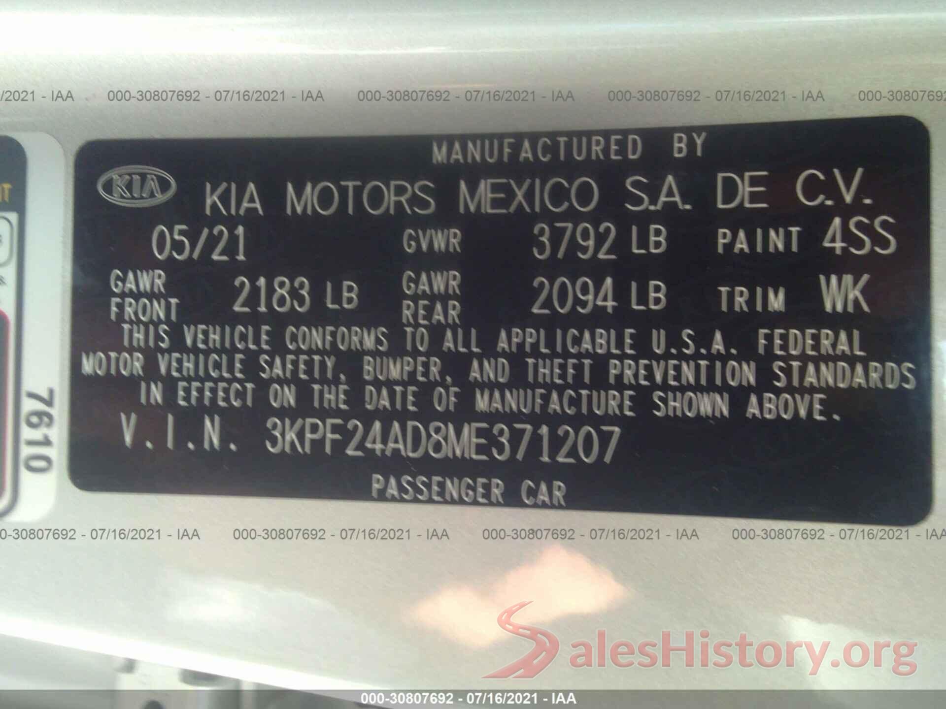 3KPF24AD8ME371207 2021 KIA FORTE