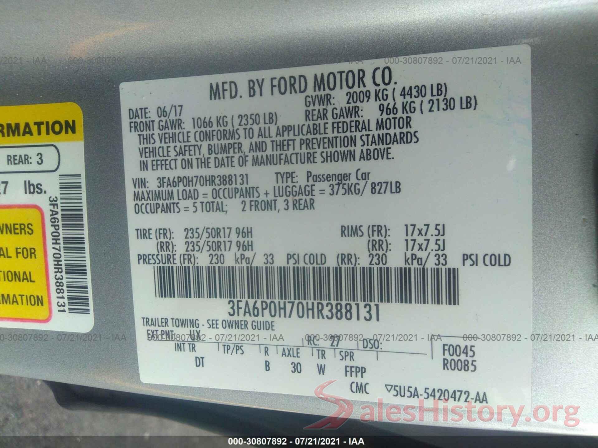 3FA6P0H70HR388131 2017 FORD FUSION