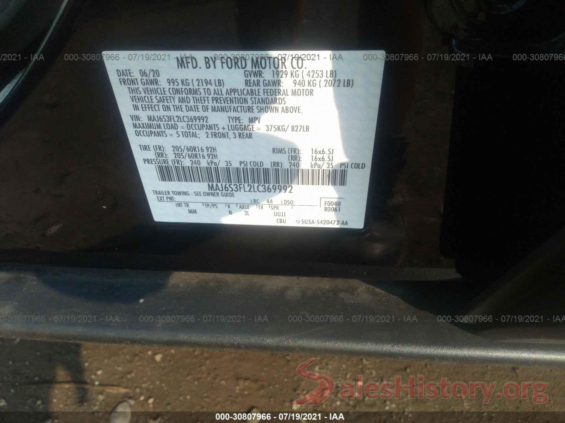 MAJ6S3FL2LC369992 2020 FORD ECOSPORT