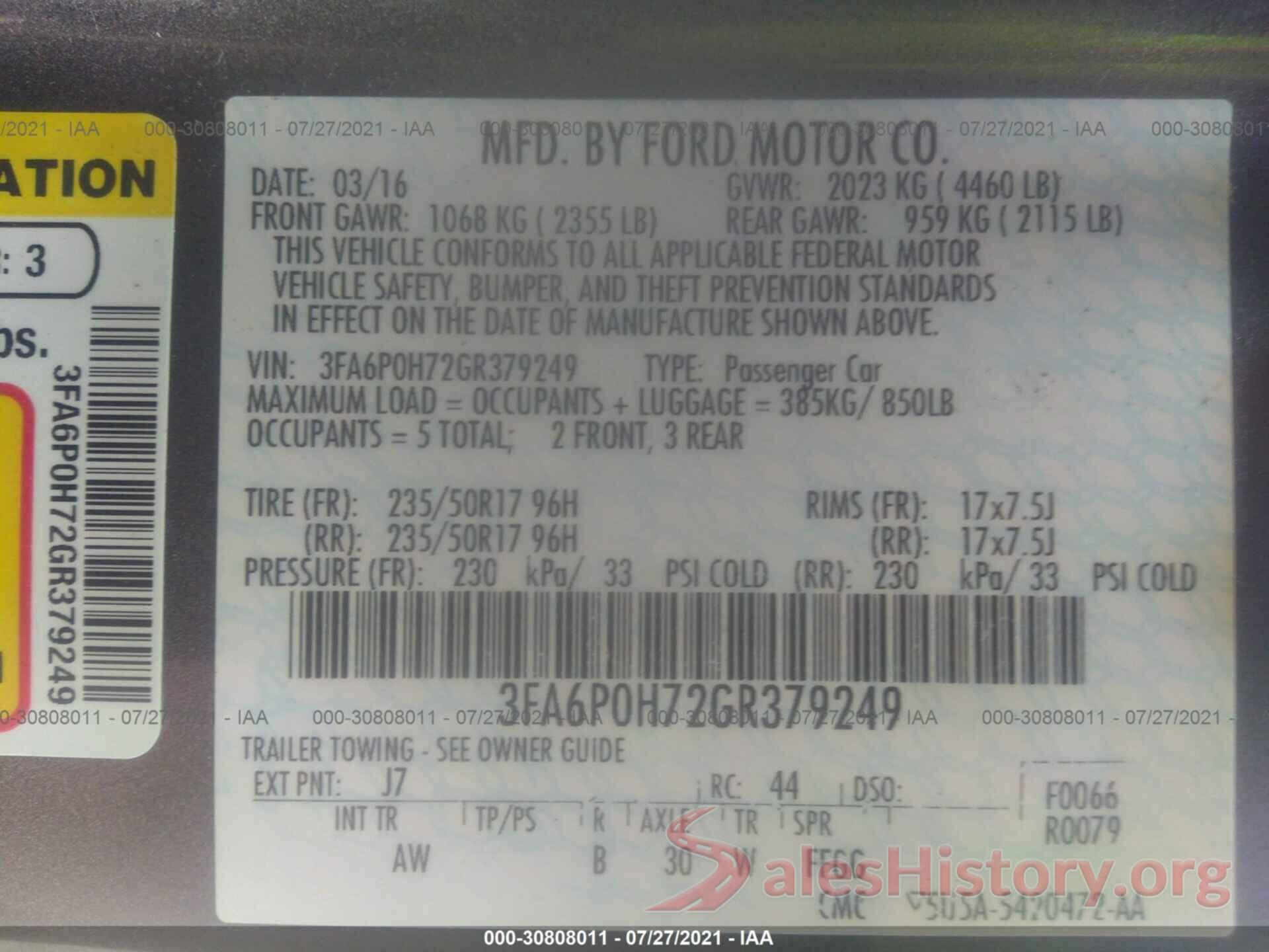 3FA6P0H72GR379249 2016 FORD FUSION